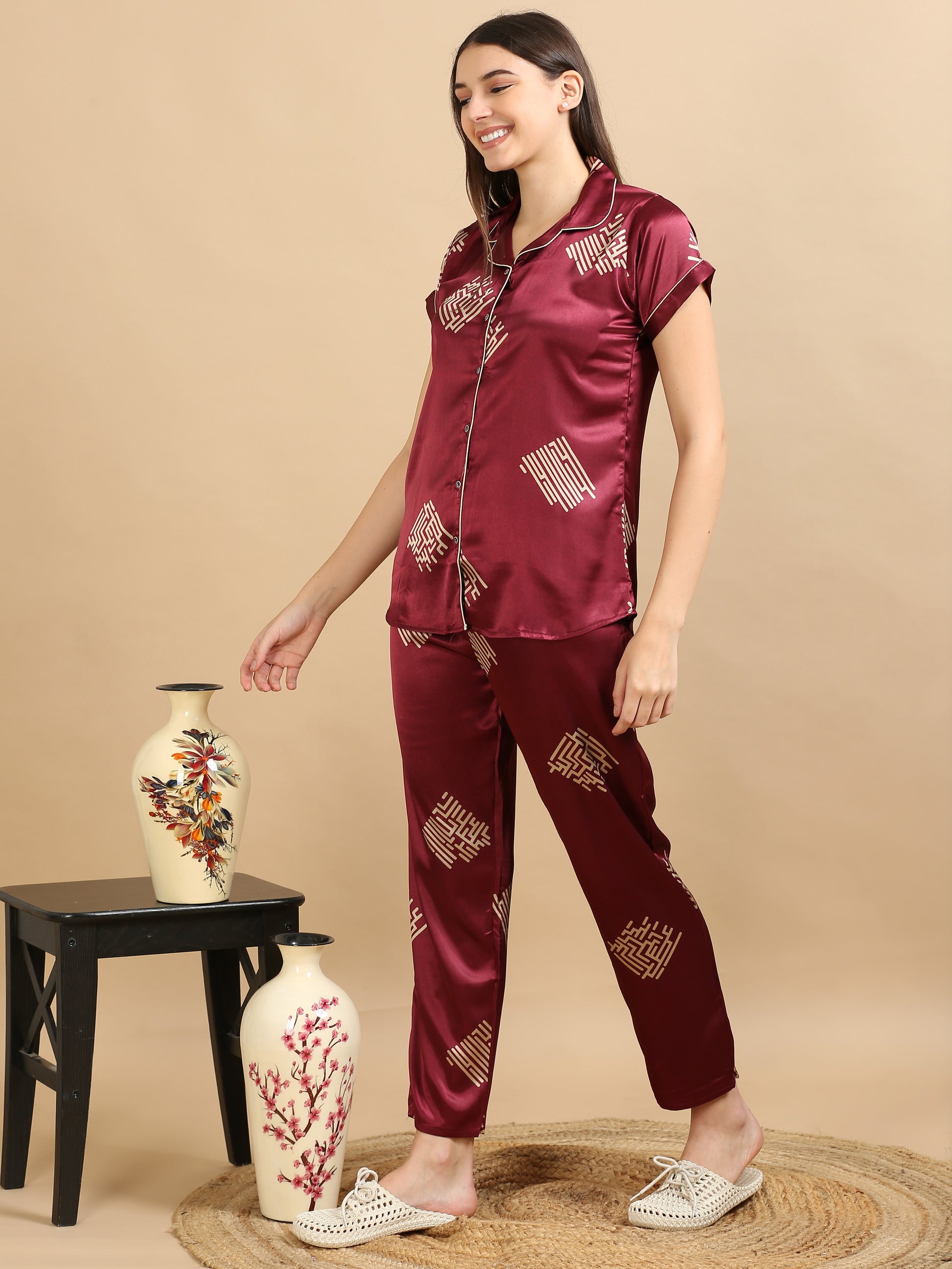  Satin Maroon Printed Co Ords Women