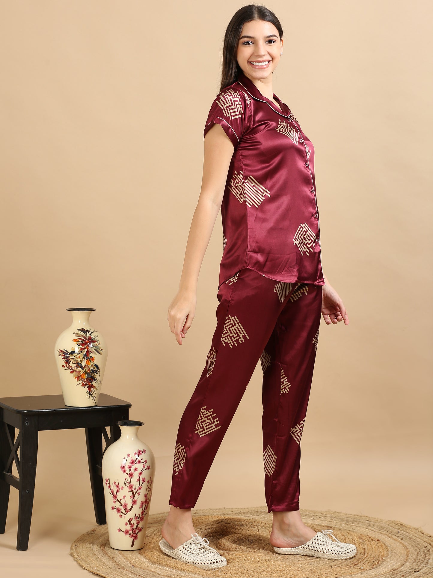  Satin Maroon Printed Co Ords Women