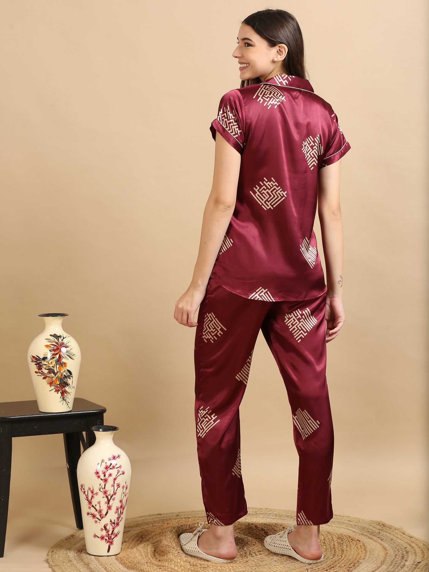  Satin Maroon Printed Co Ords Women