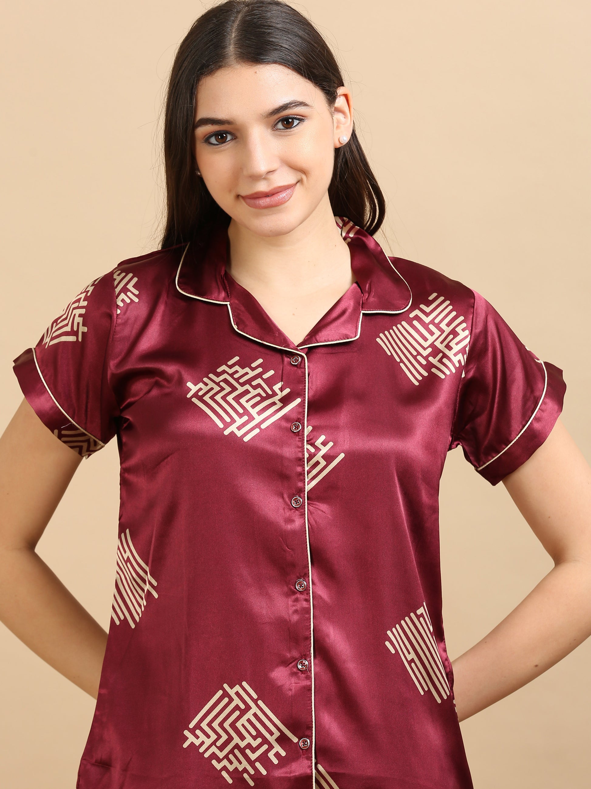  Satin Maroon Printed Co Ords Women