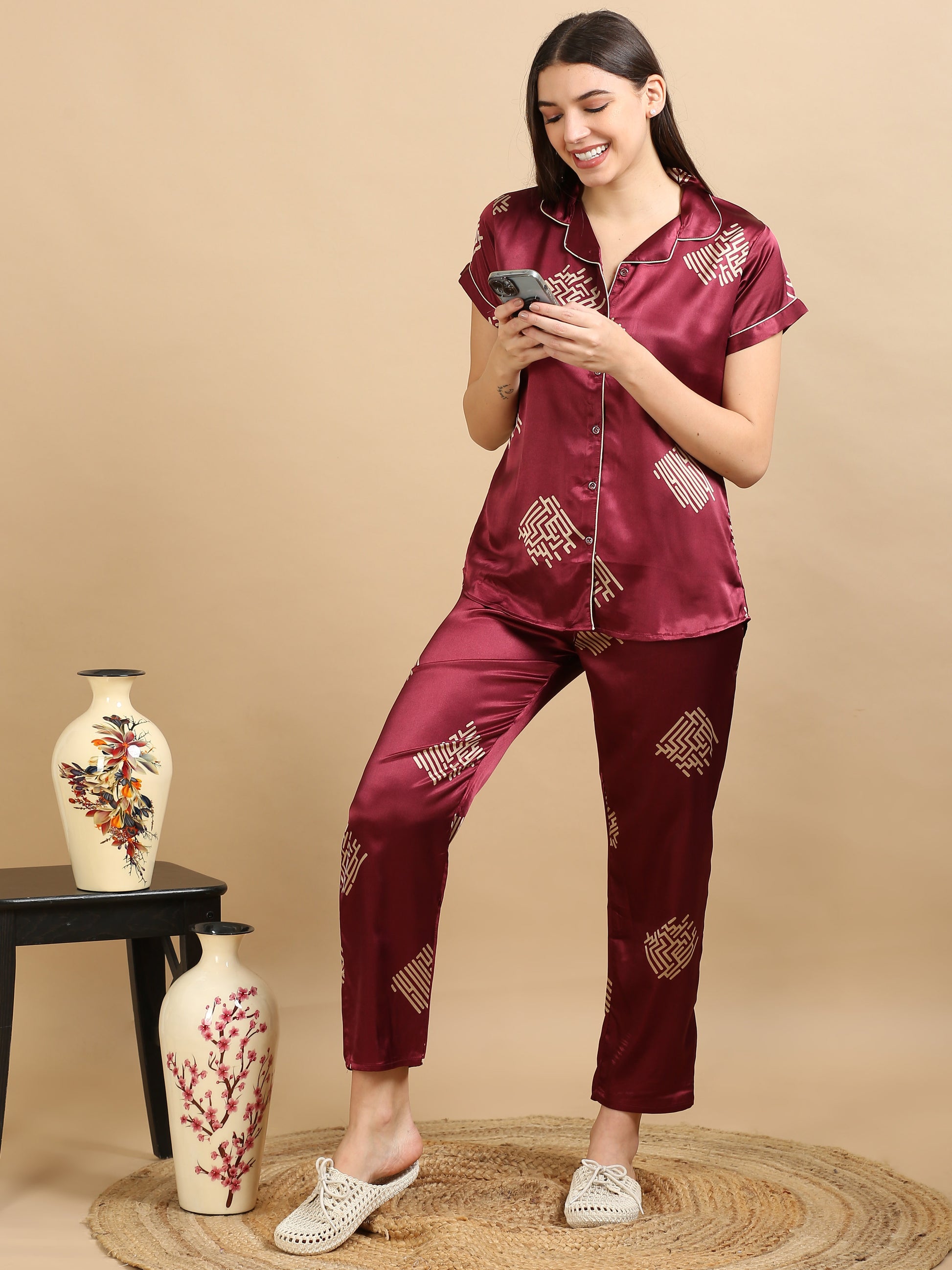  Satin Maroon Printed Co Ords Women