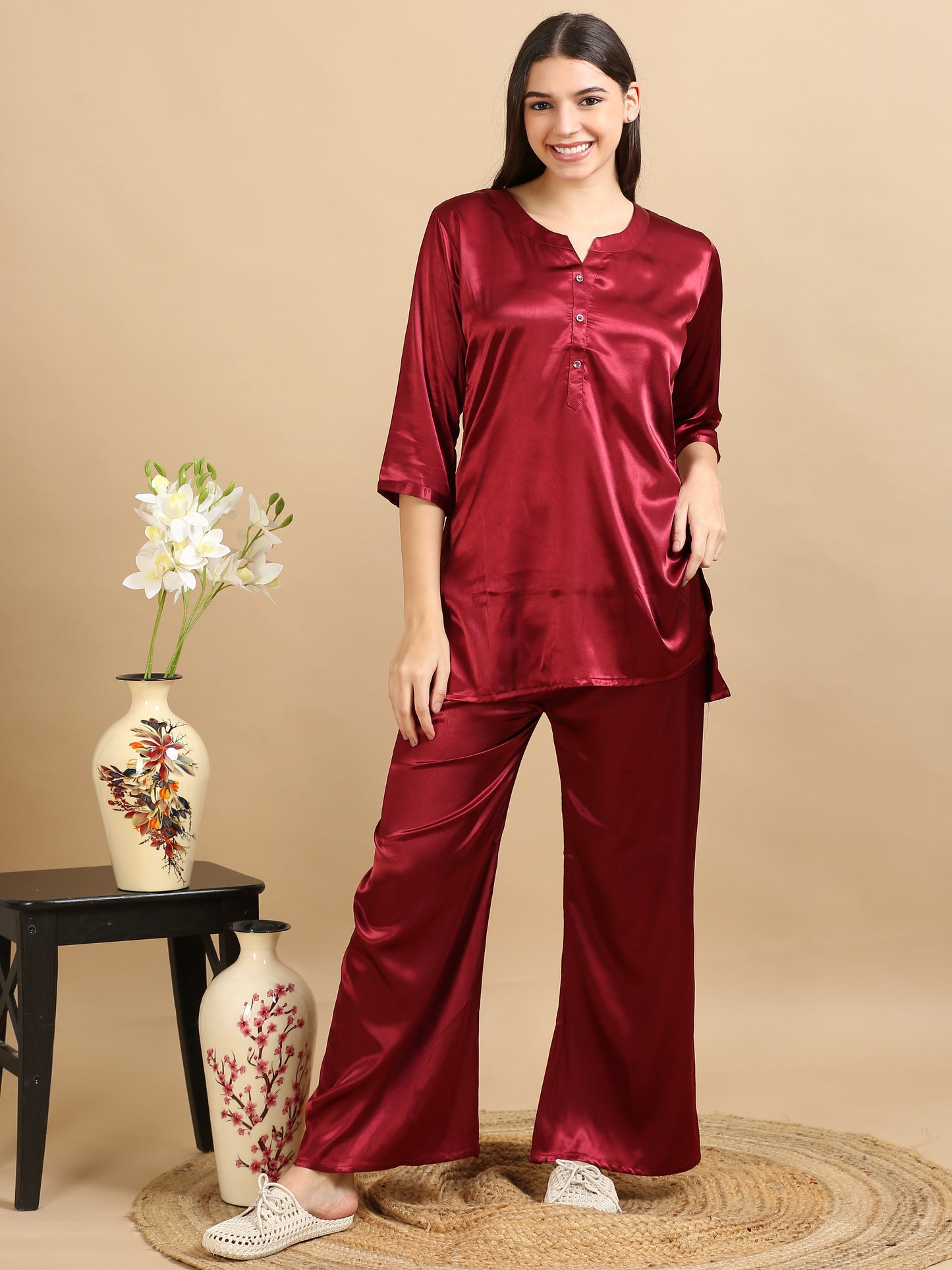 Red Satin Coord Set Women 