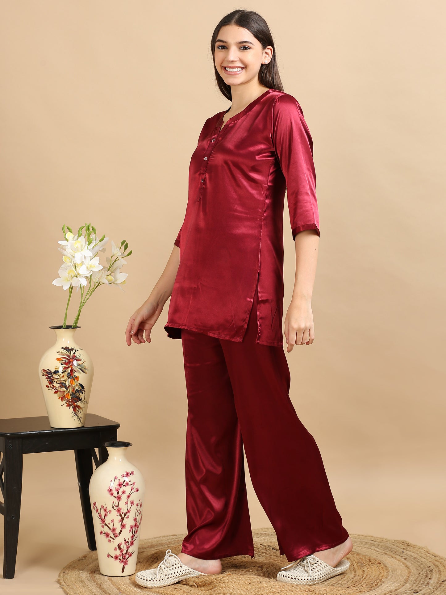 Red Satin Coord Set Women 