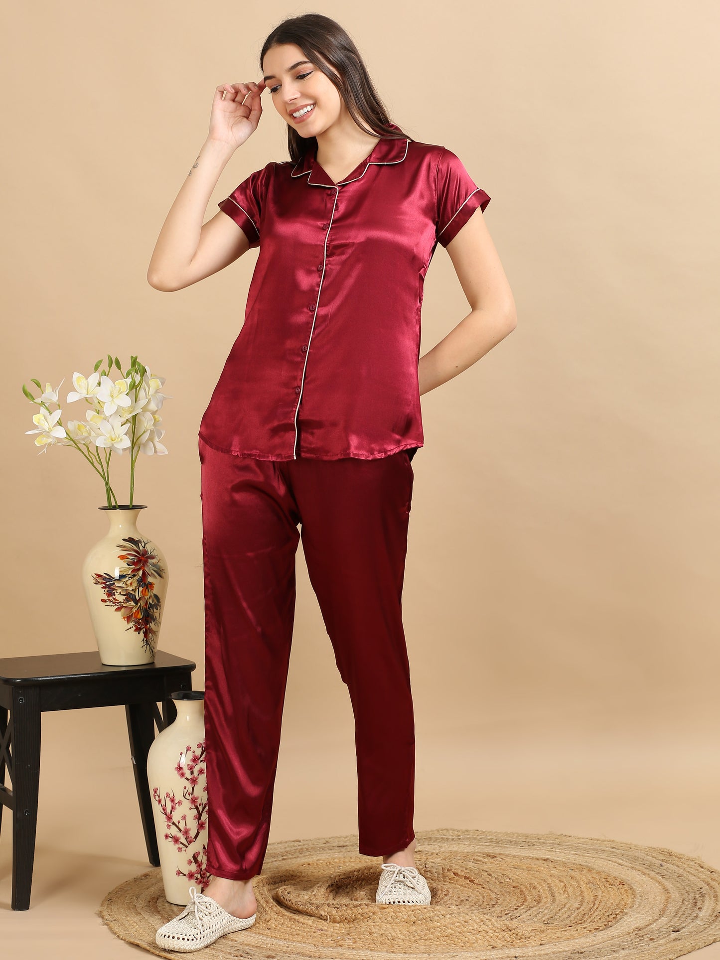 Red Satin PJ Set Women