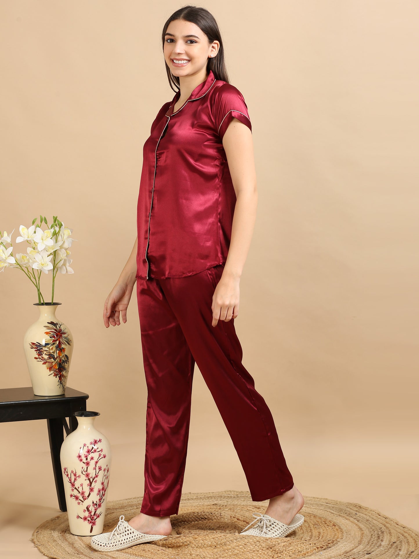 Red Satin PJ Set Women