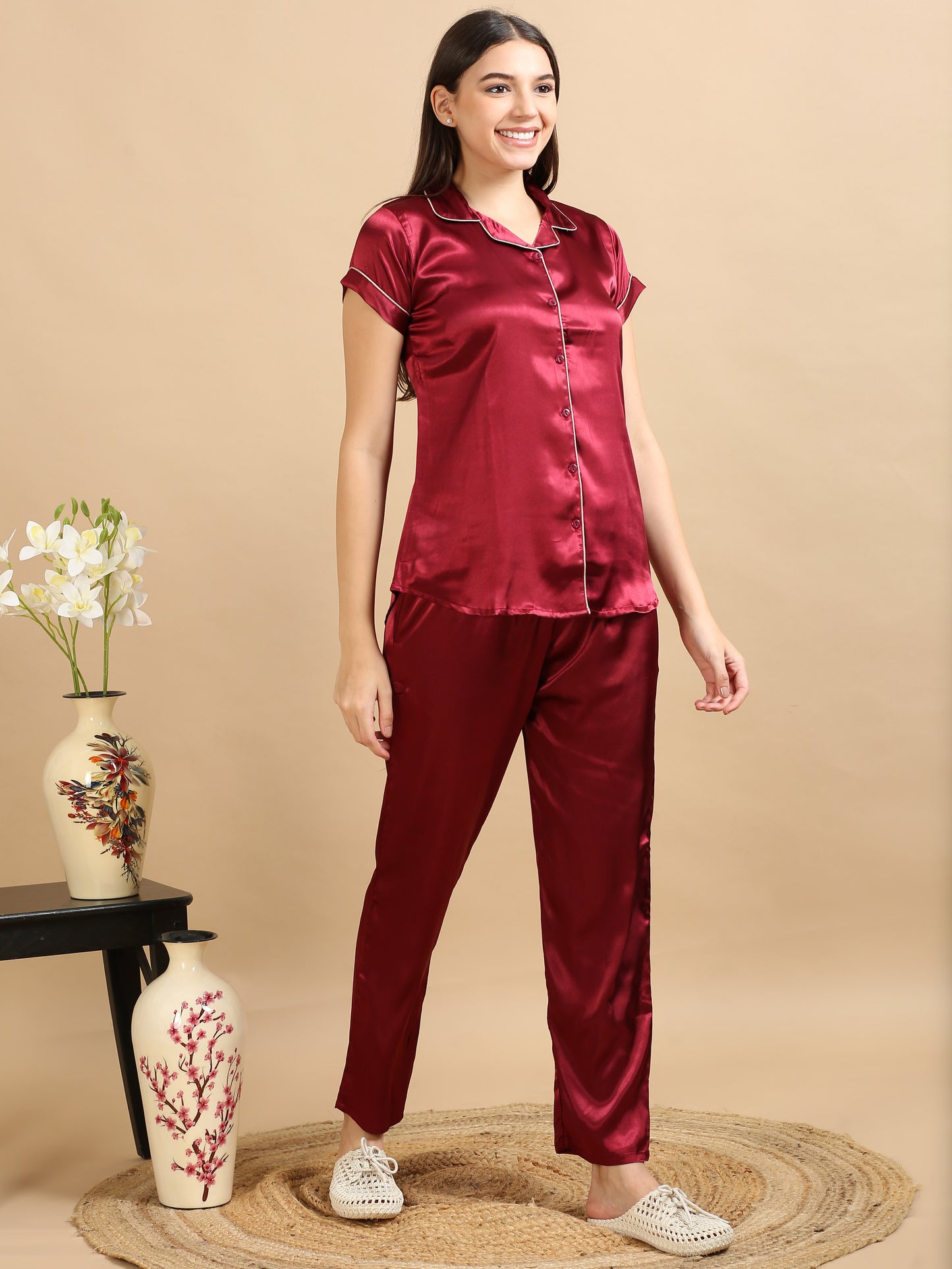 Red Satin PJ Set Women