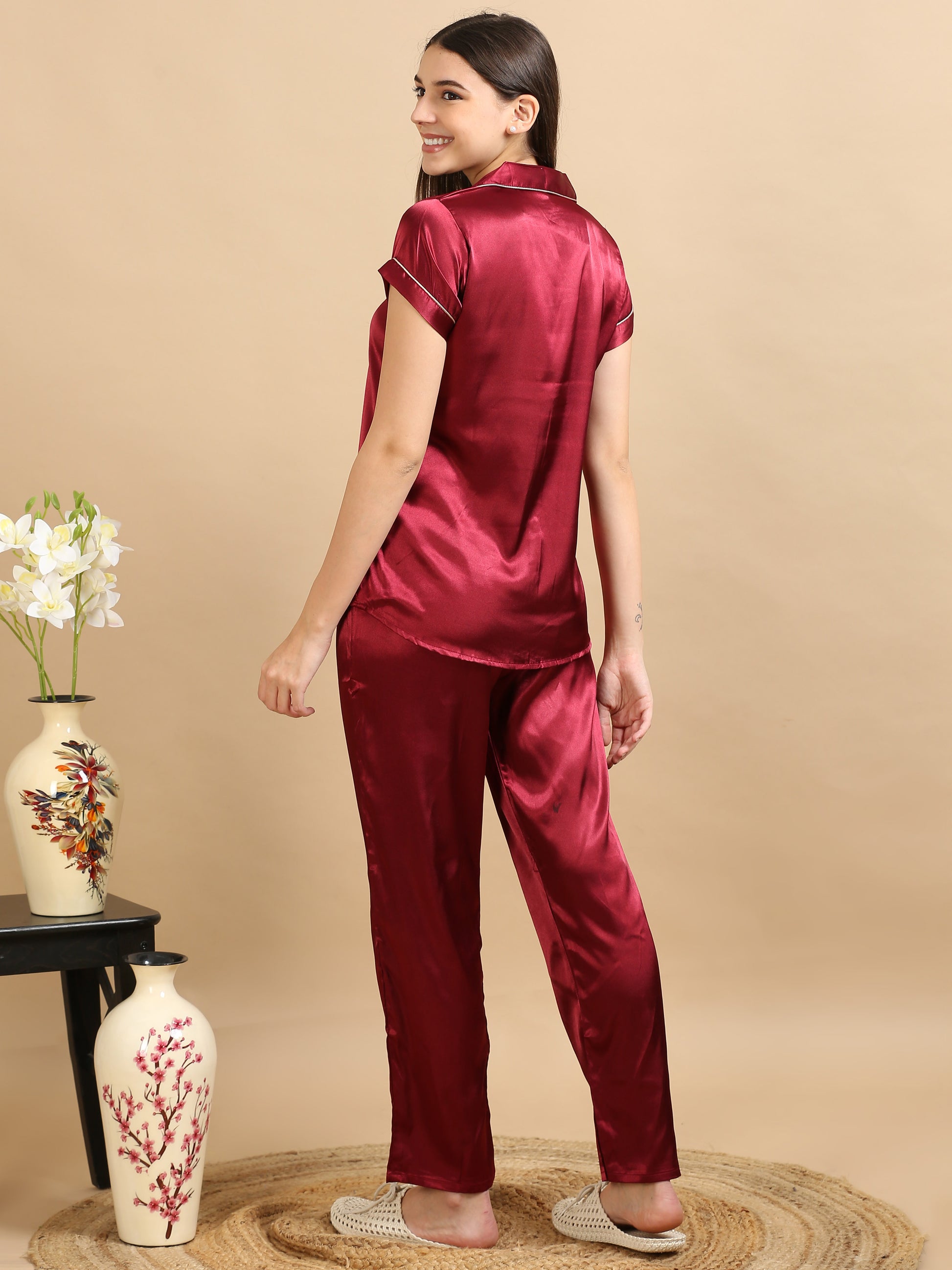 Red Satin PJ Set Women