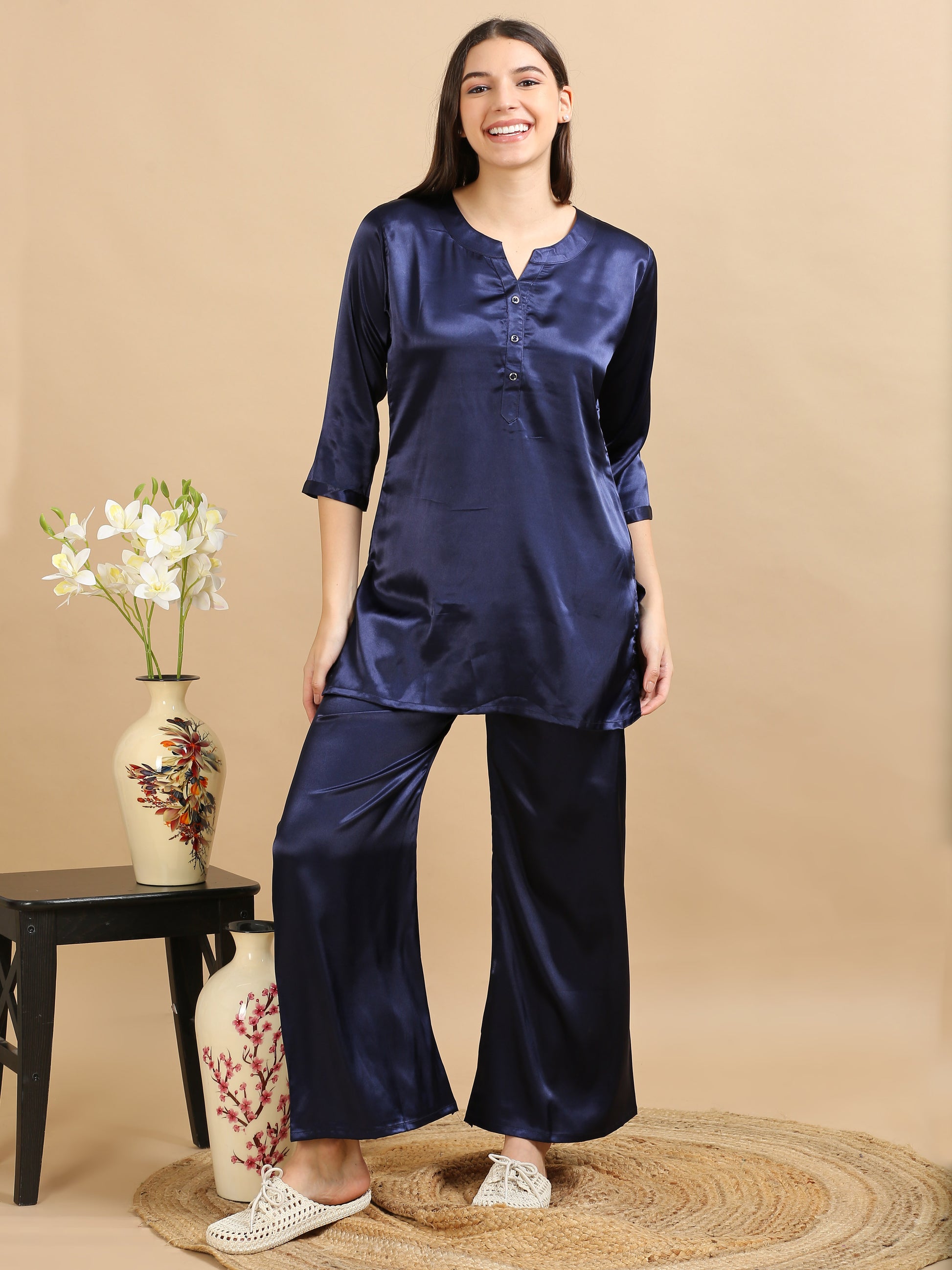 Satin Navy Blue Co Ord Set for Women