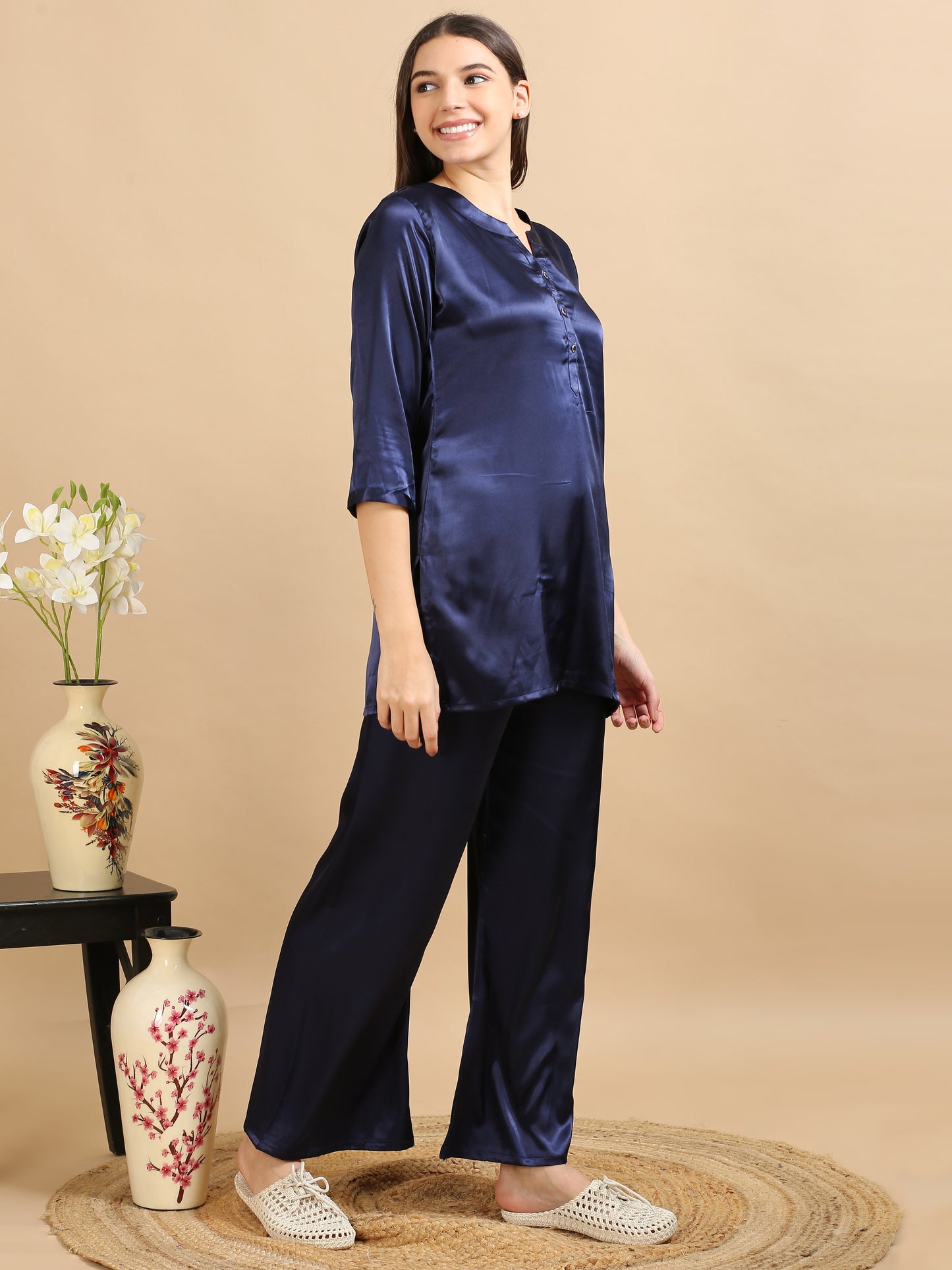 Satin Navy Blue Co Ord Set for Women