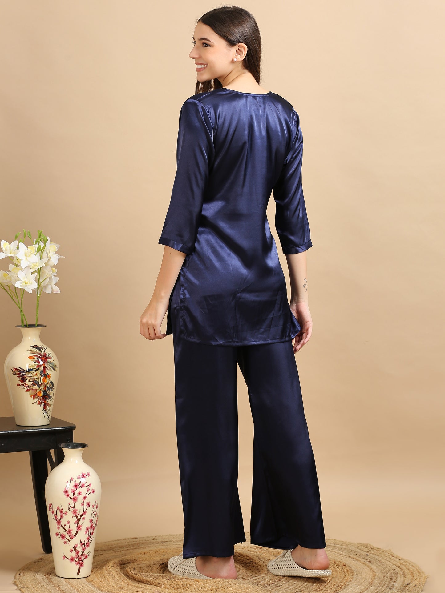 Satin Navy Blue Co Ord Set for Women