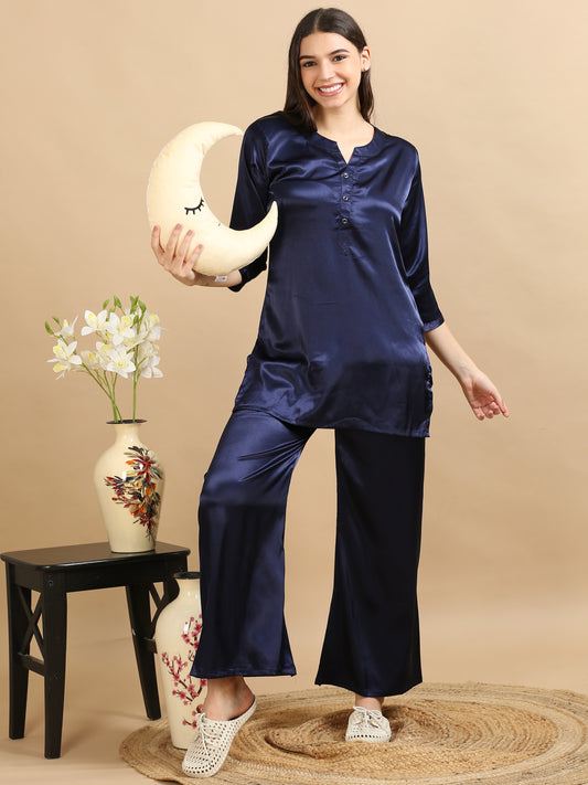 Satin Navy Blue Co Ord Set for Women