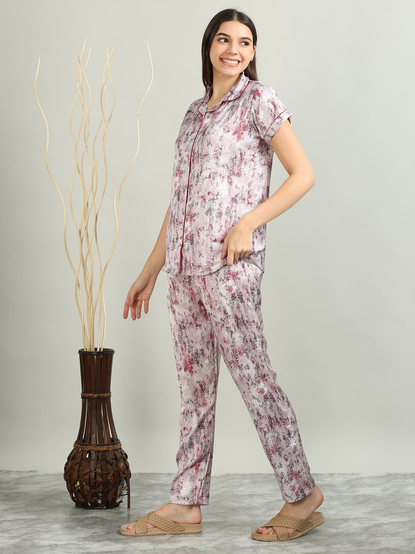 Printed Lavender Satin Pajama Set Womens