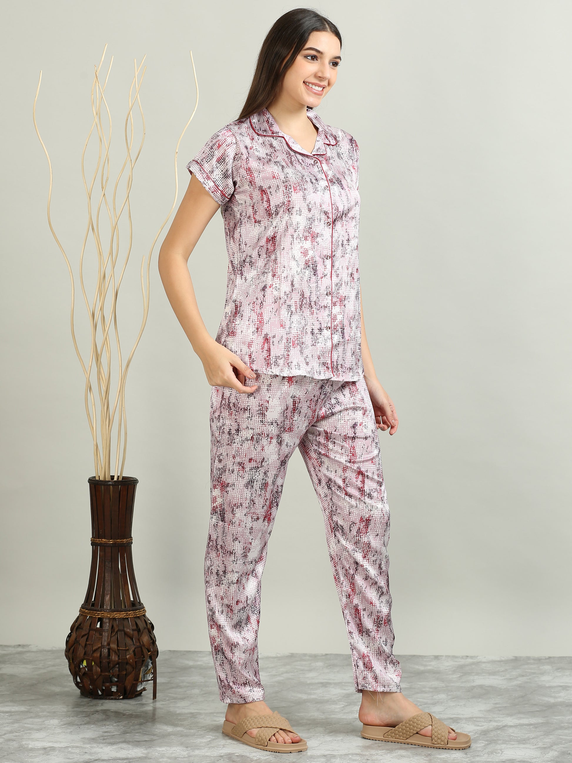 Printed Lavender Satin Pajama Set Womens