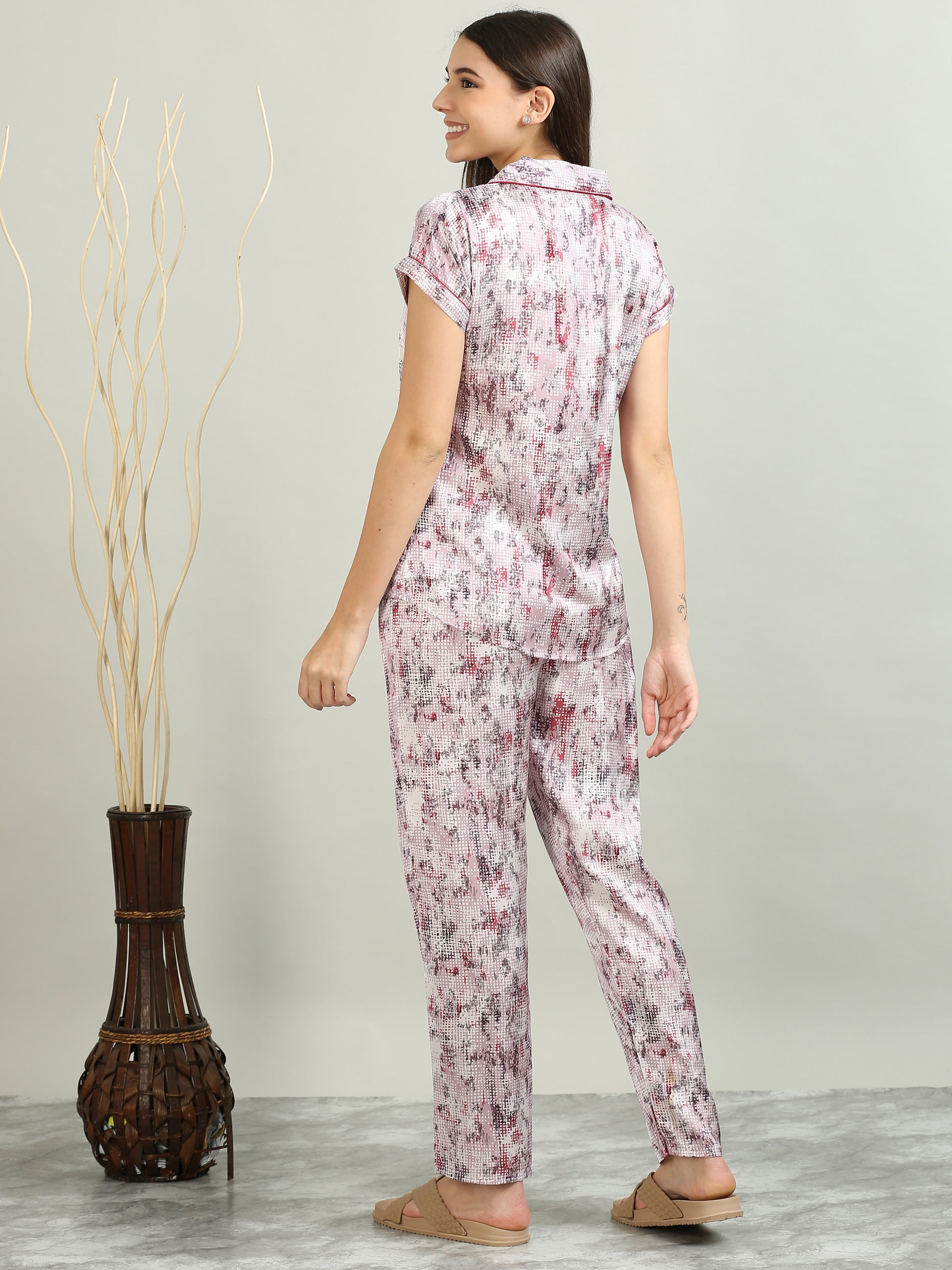 Printed Lavender Satin Pajama Set Womens