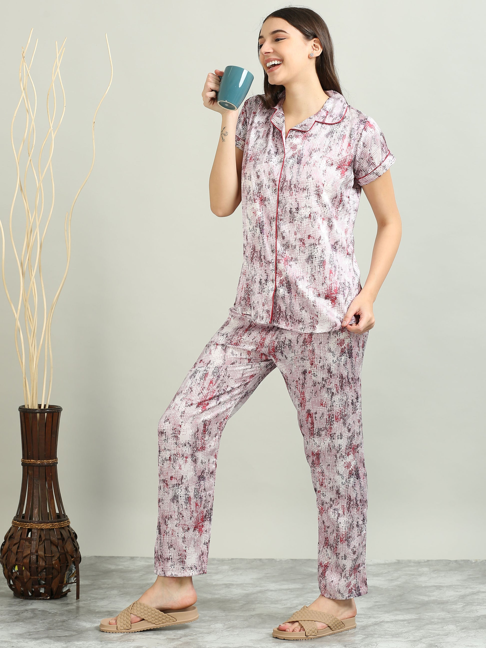 Printed Lavender Satin Pajama Set Womens