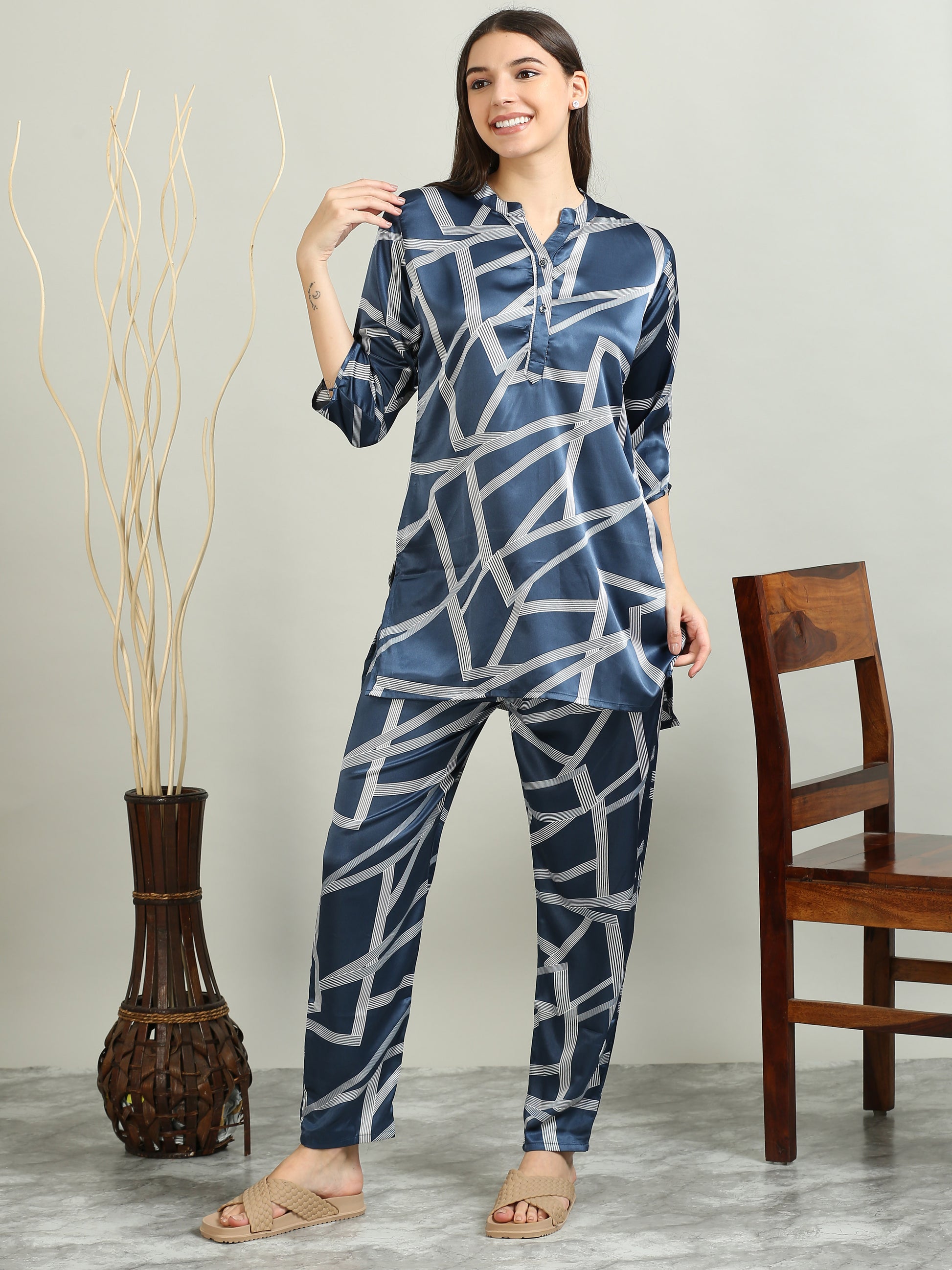 Satin Printed Navy Matching Sets Women