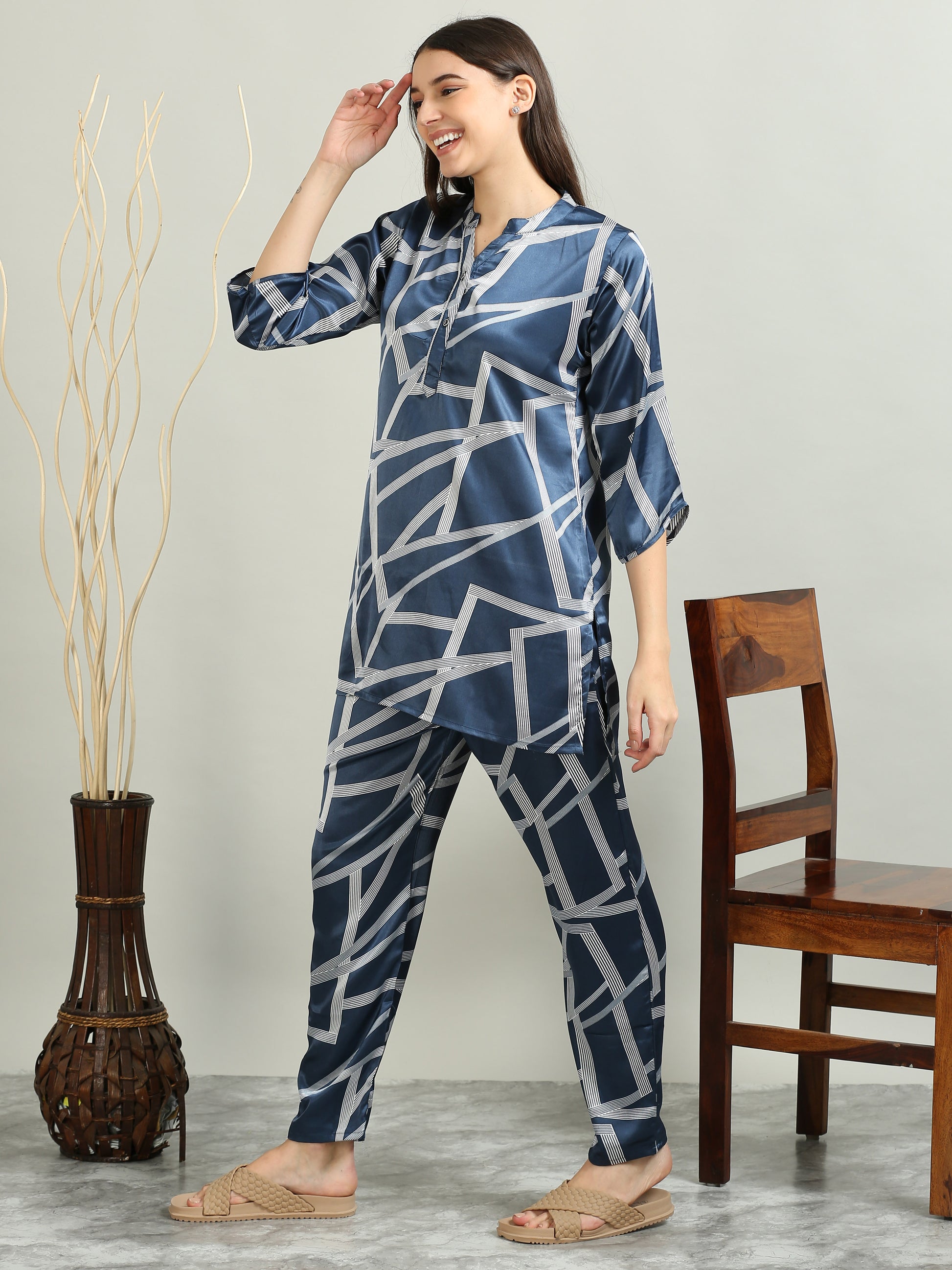 Satin Printed Navy Matching Sets Women