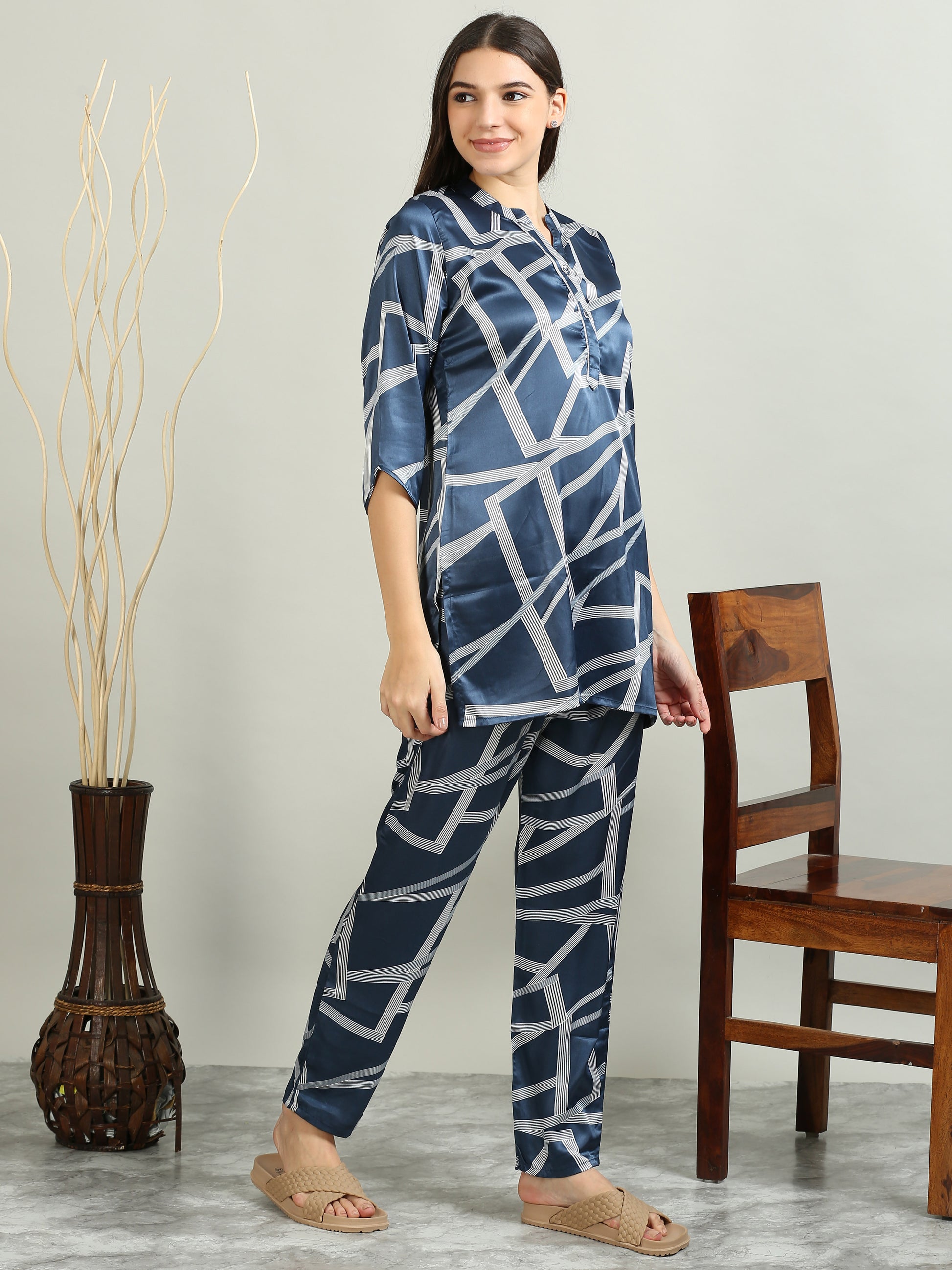 Satin Printed Navy Matching Sets Women