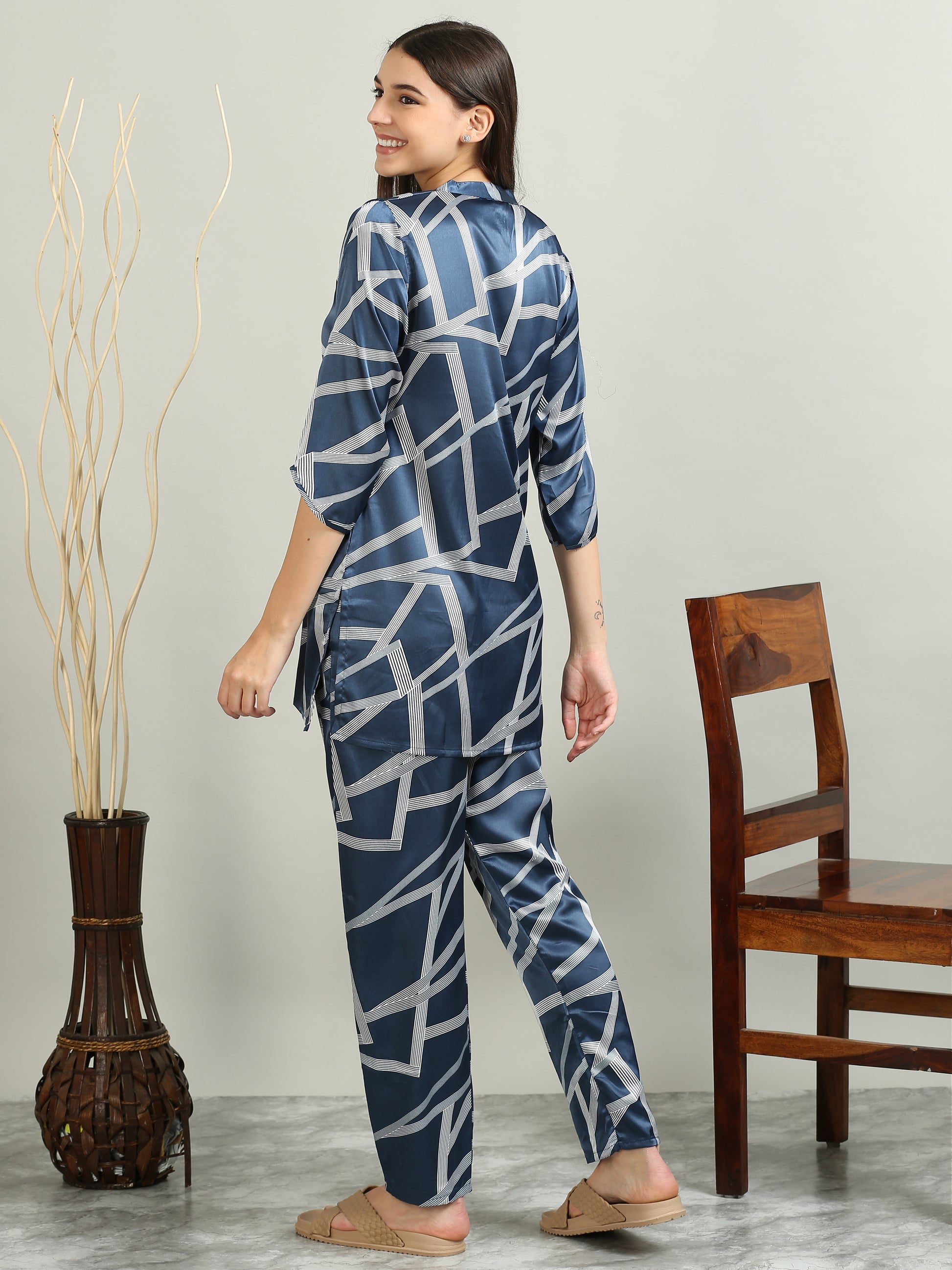 Satin Printed Navy Matching Sets Women