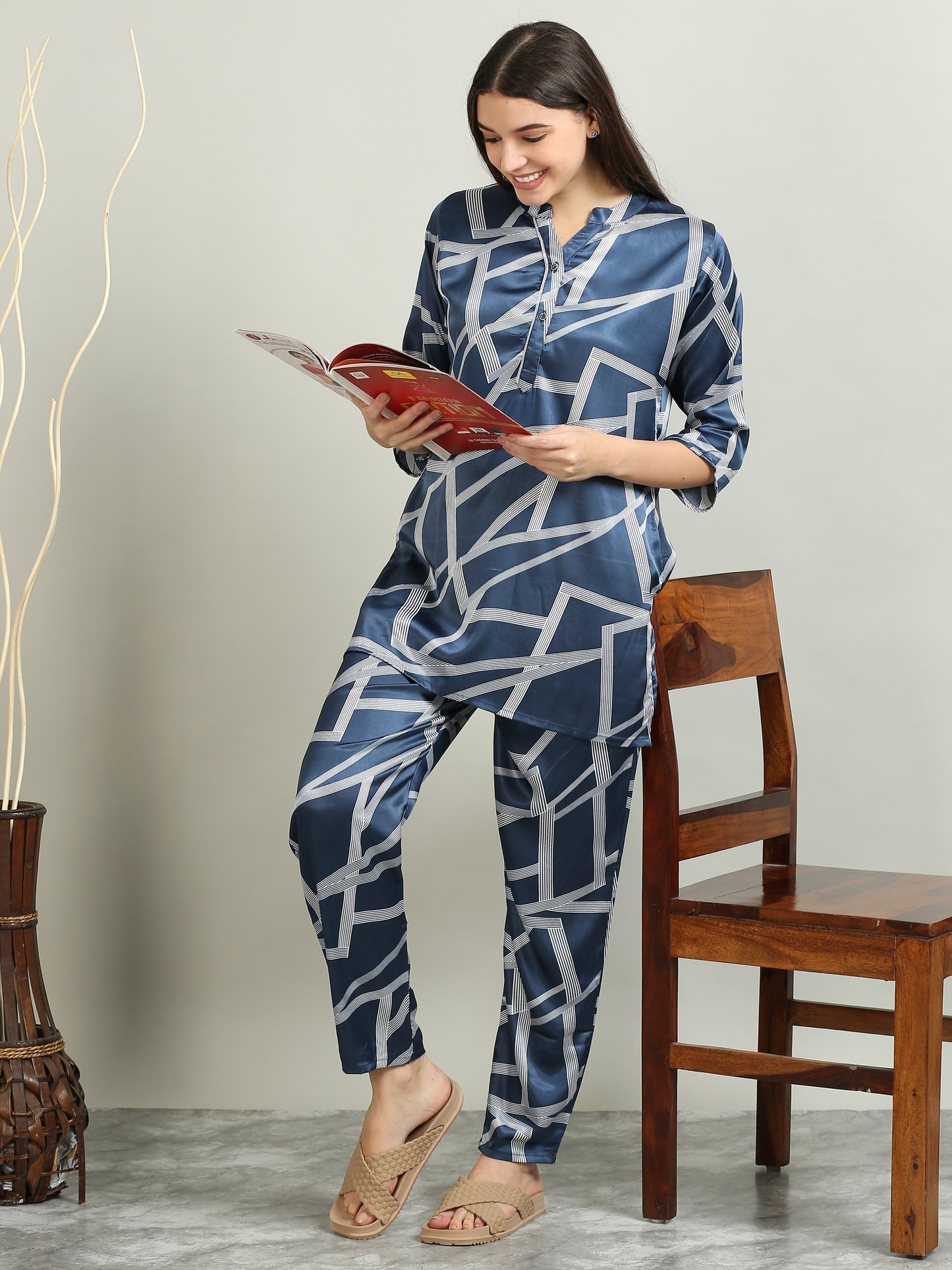 Satin Printed Navy Matching Sets Women