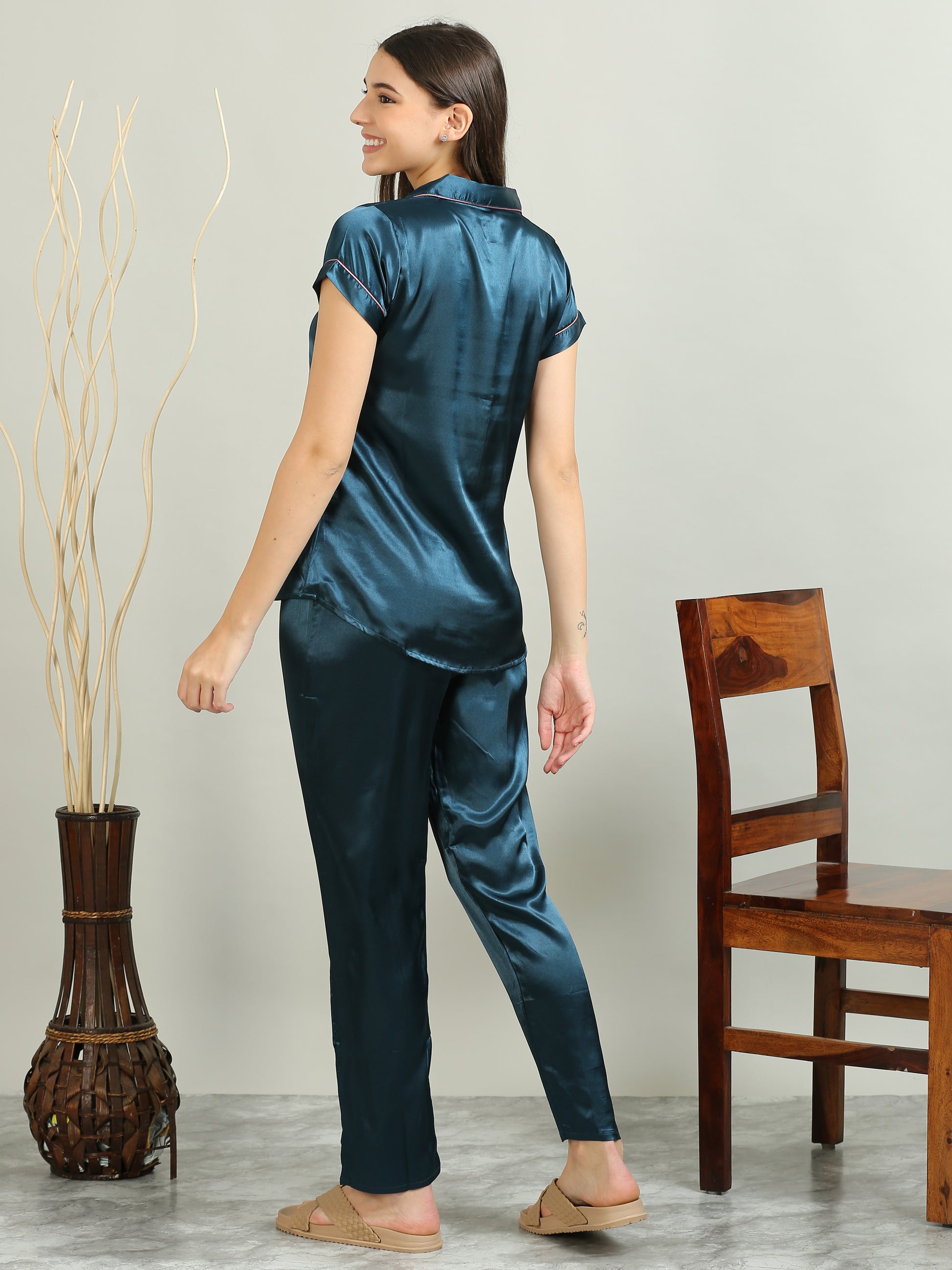 Blue Satin Sleepwear Set For Women 