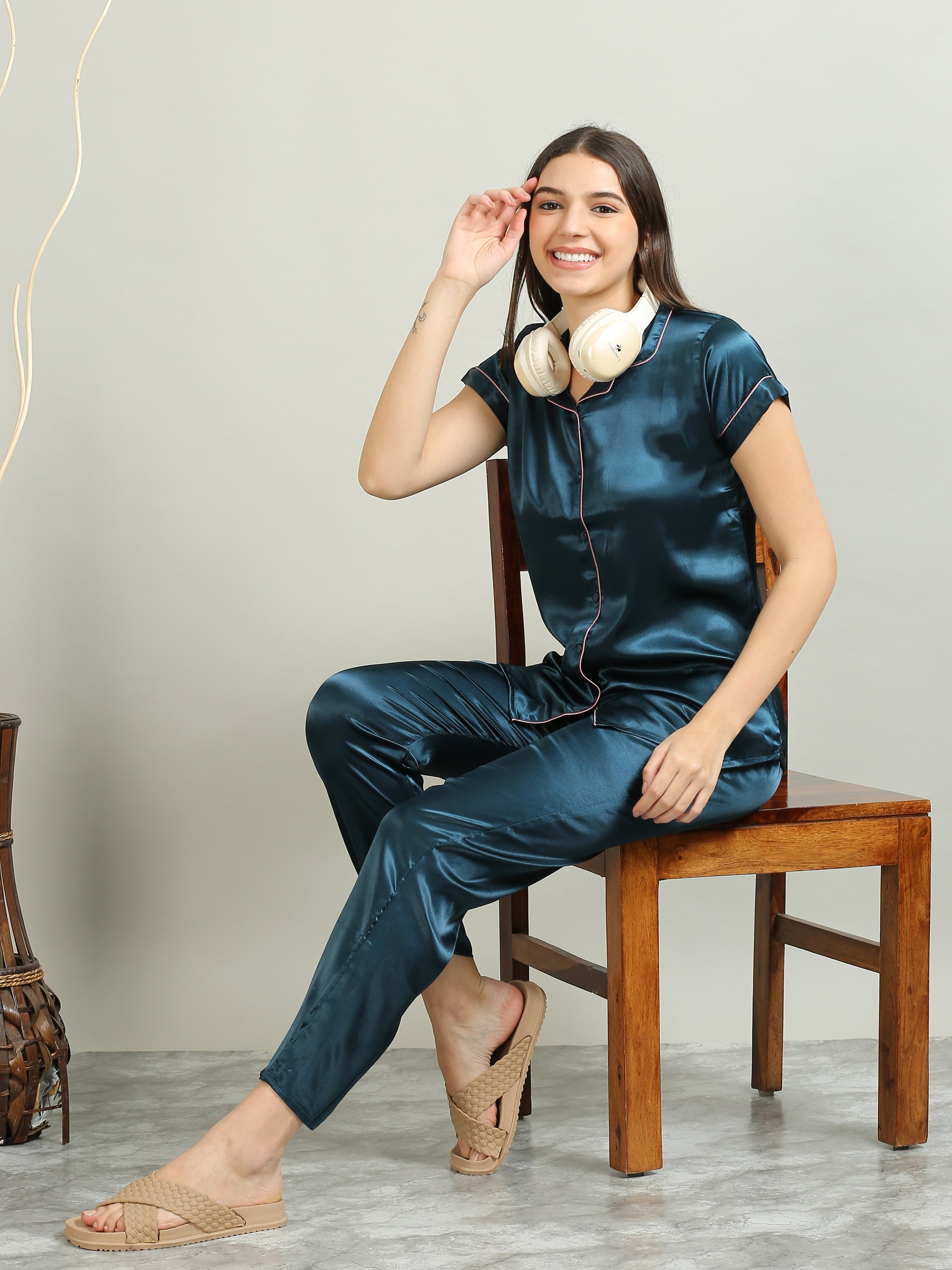 Blue Satin Sleepwear Set For Women 