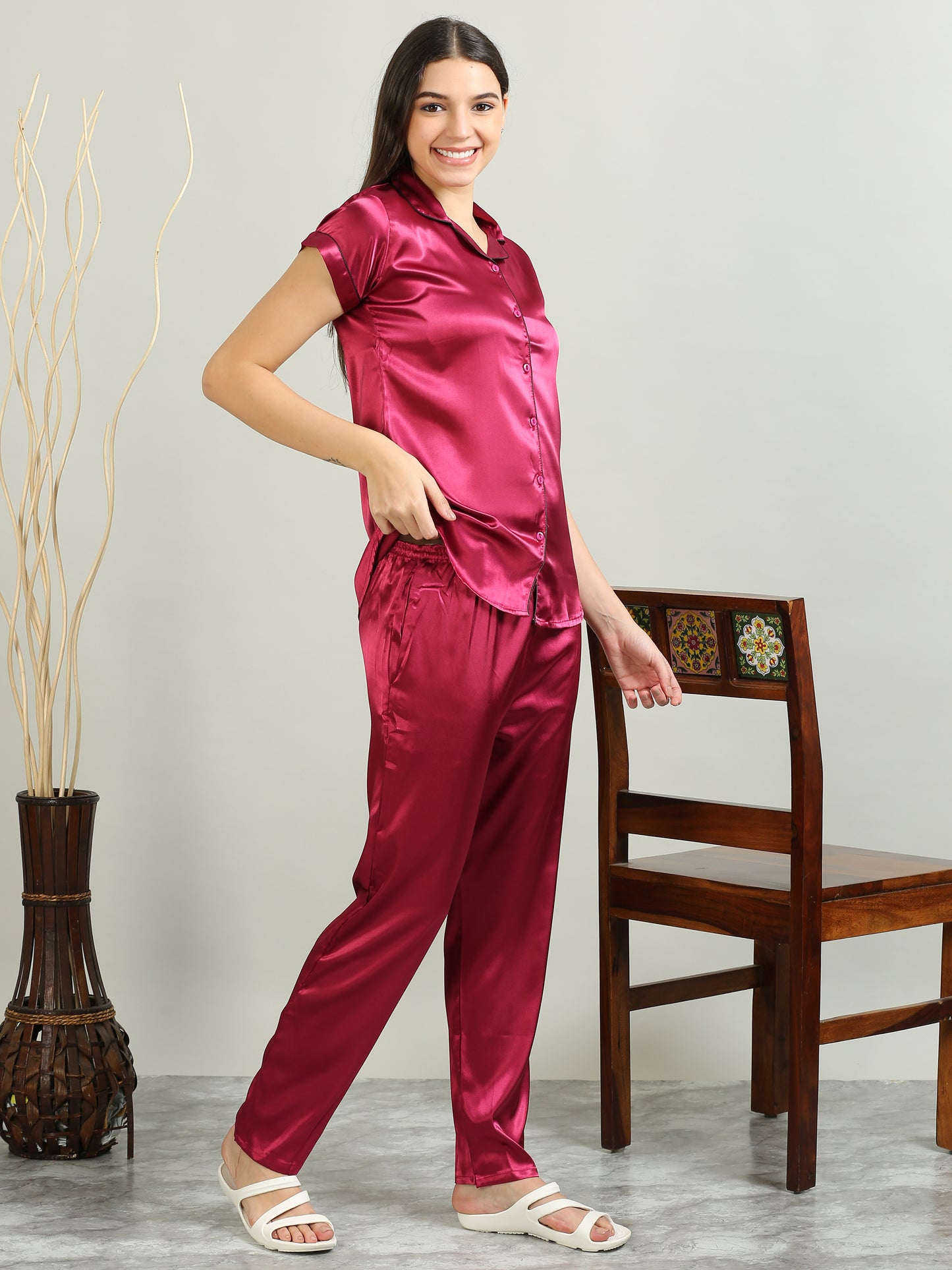 Dark Pink Satin Pajamas for Women Sets