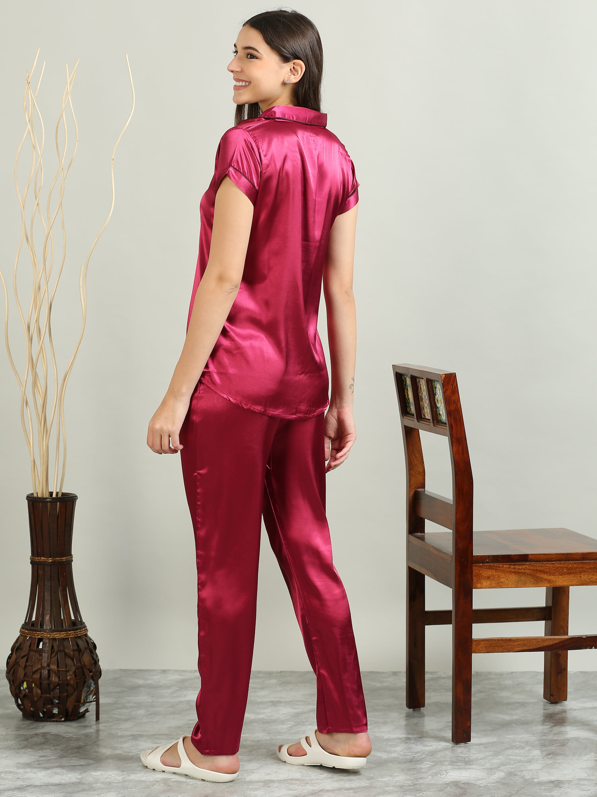 Dark Pink Satin Pajamas for Women Sets