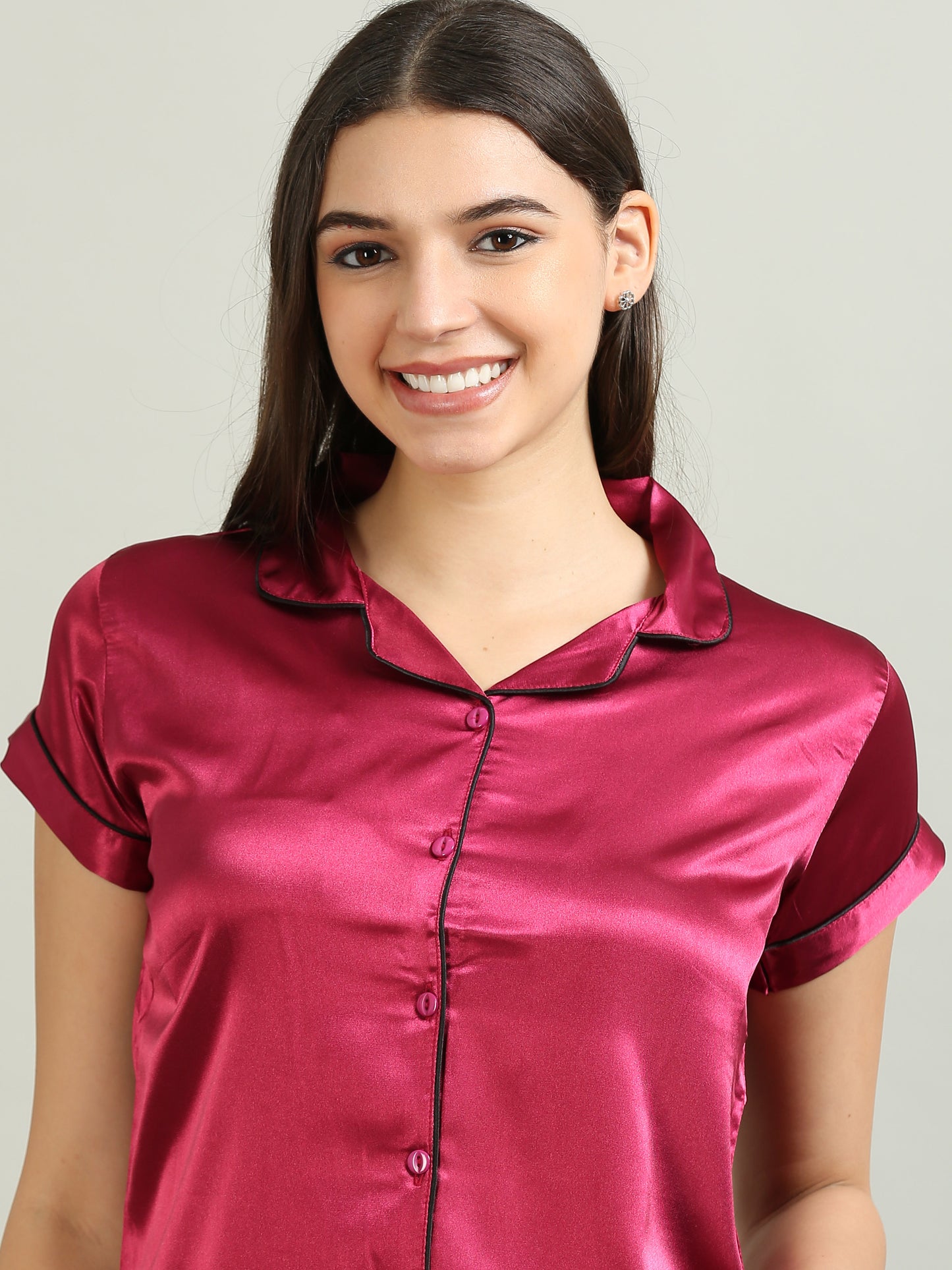 Dark Pink Satin Pajamas for Women Sets