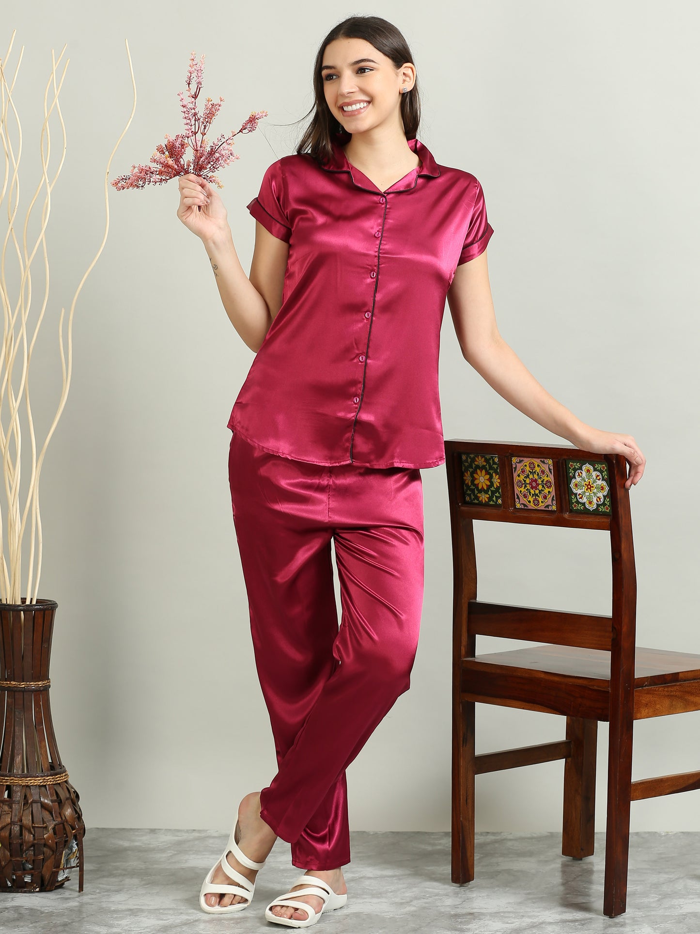 Dark Pink Satin Pajamas for Women Sets