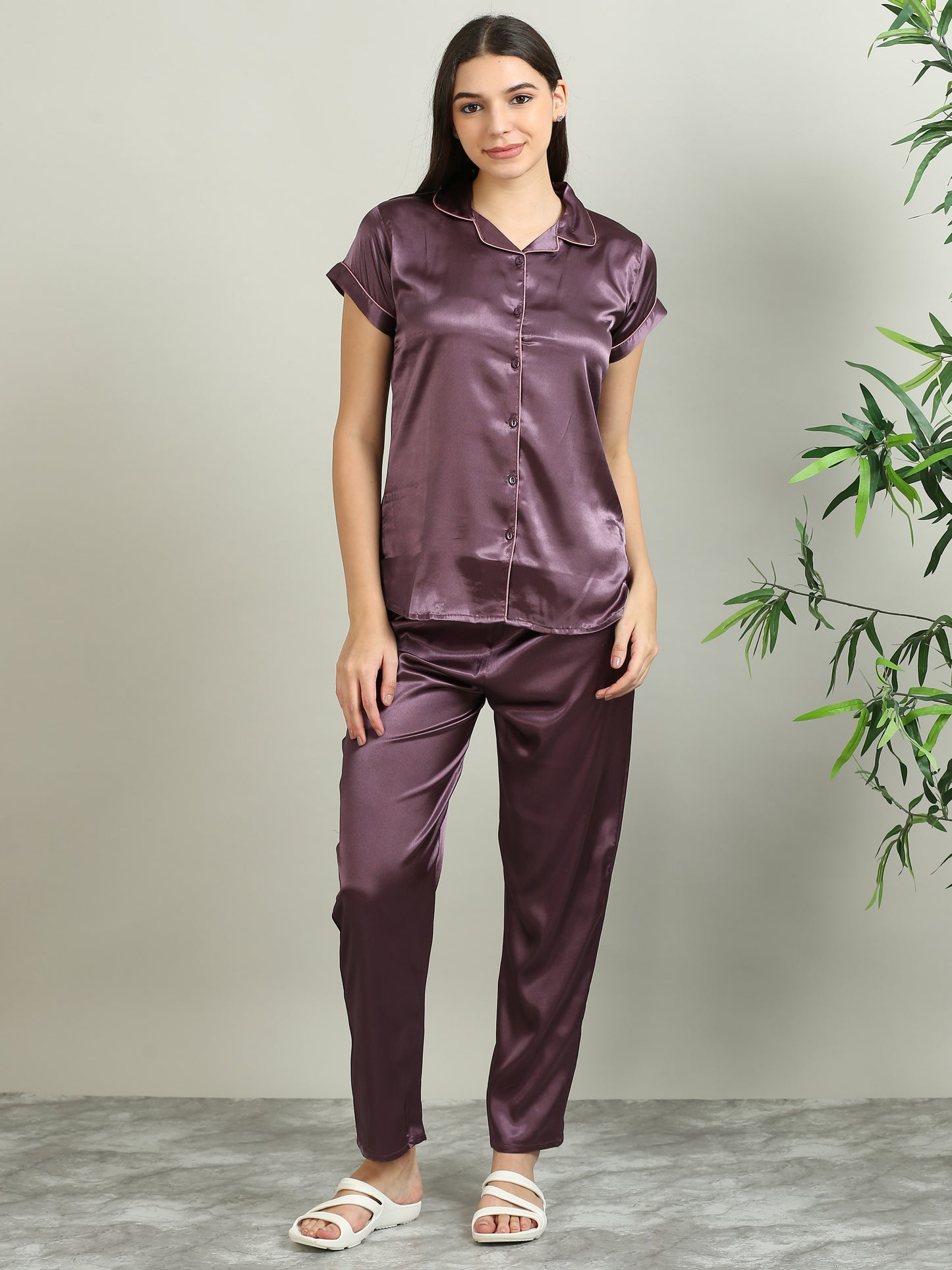 Satin Top with Pyjama Nightsuit -Dark Lavender