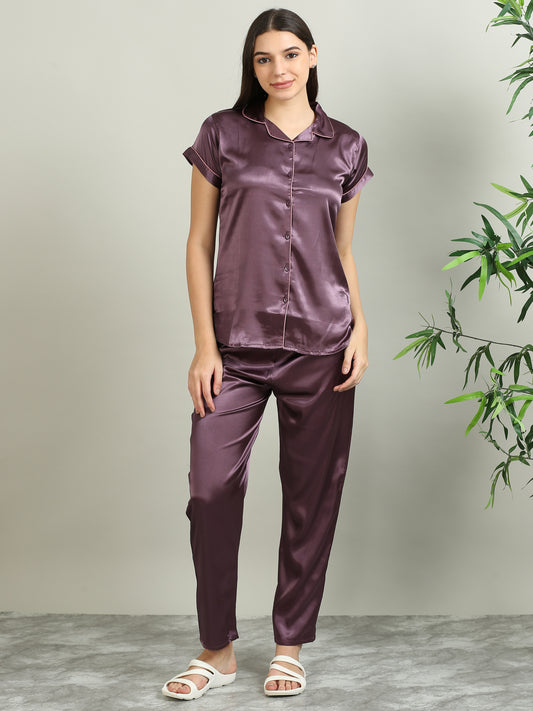 Satin Top with Pyjama Nightsuit -Dark Lavender