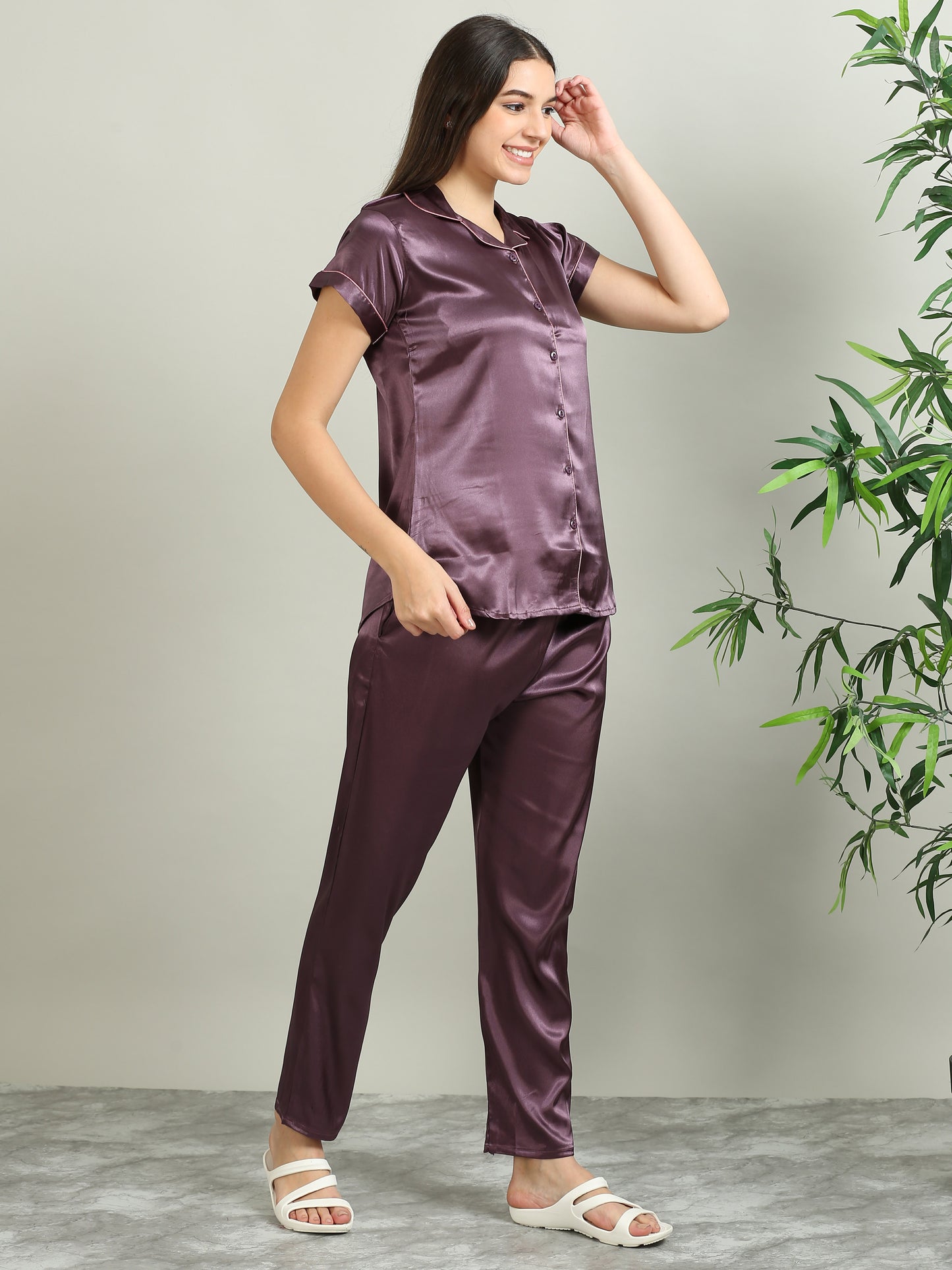 Satin Top with Pyjama Nightsuit -Dark Lavender