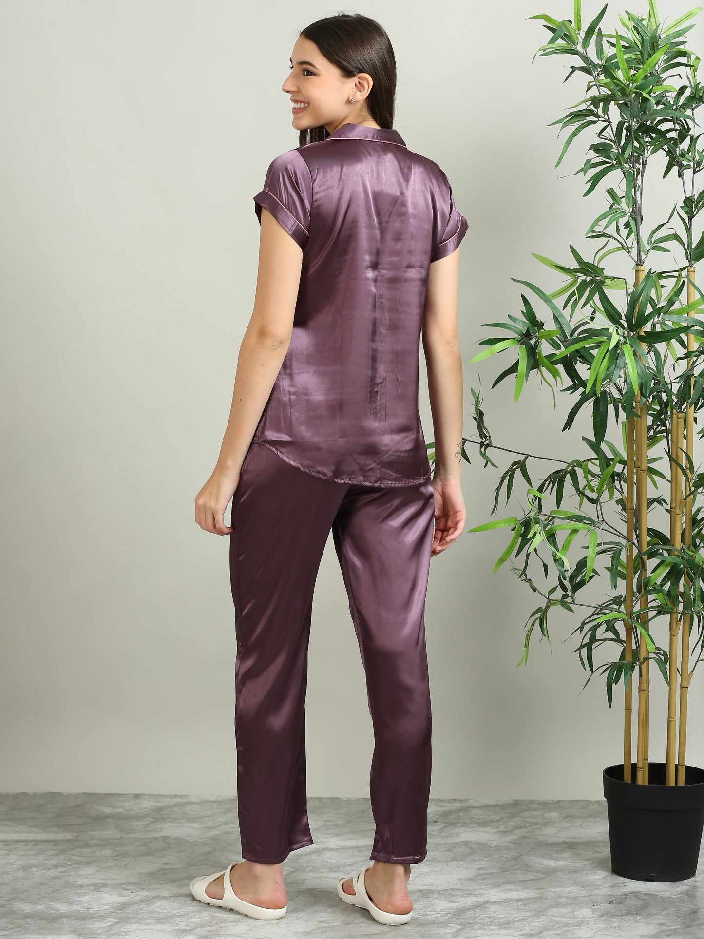 Satin Top with Pyjama Nightsuit -Dark Lavender