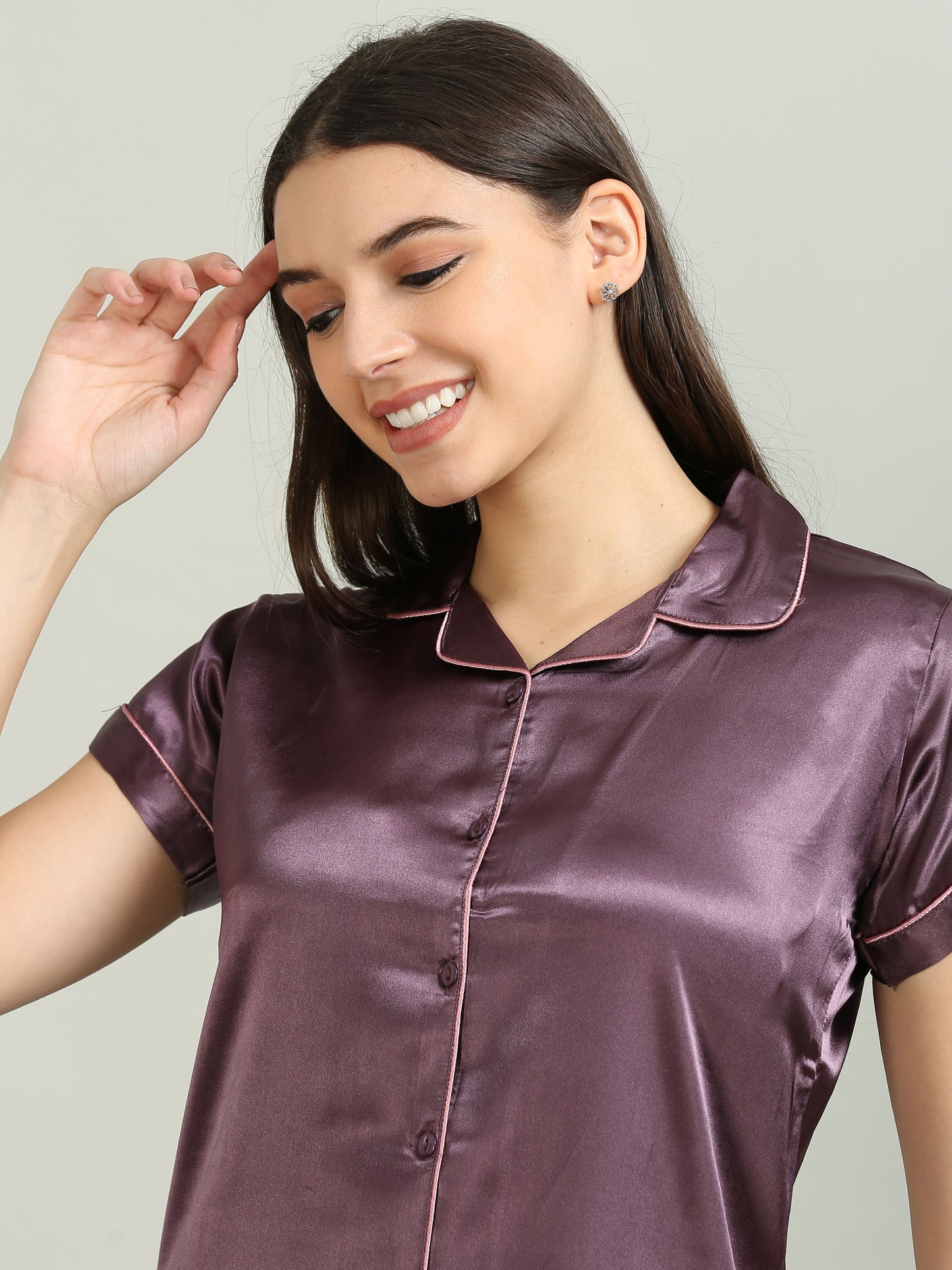 Satin Top with Pyjama Nightsuit -Dark Lavender