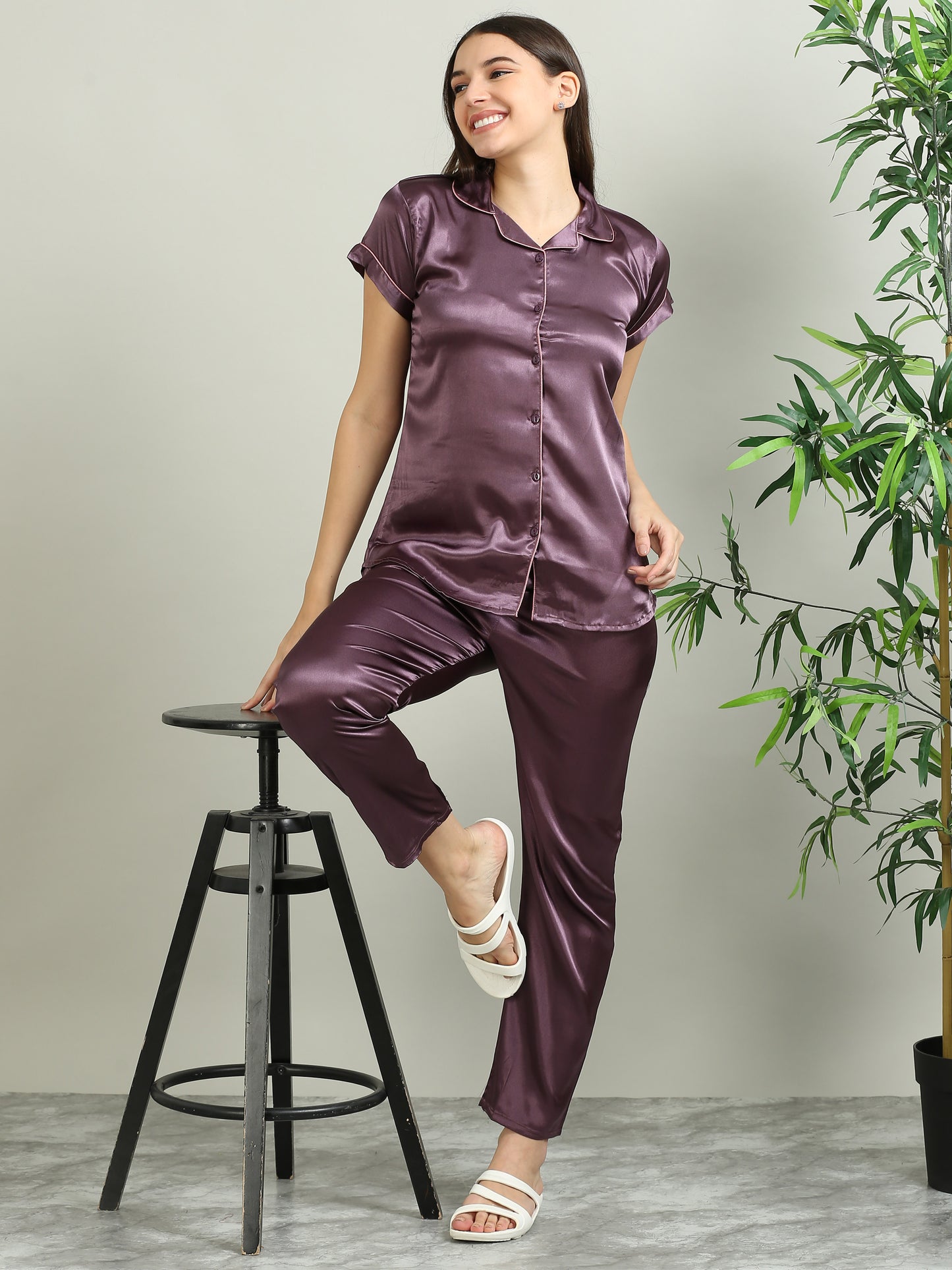 Satin Top with Pyjama Nightsuit -Dark Lavender