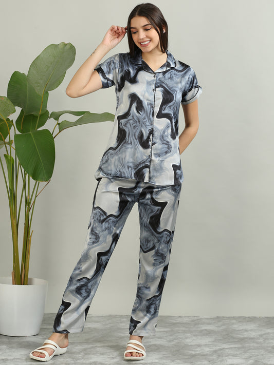 Printed Ash Grey Satin PJ Set for Women