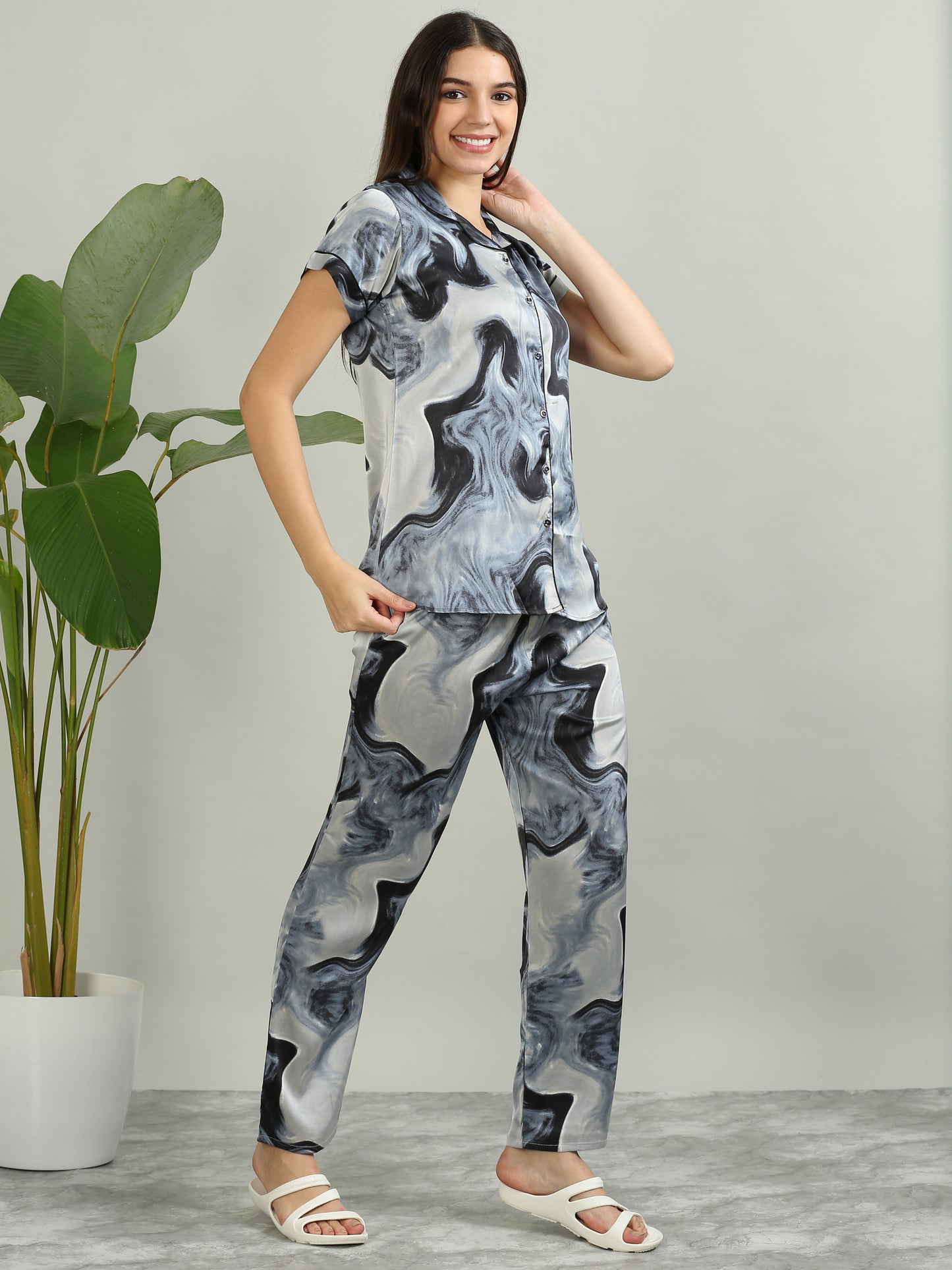 Printed Ash Grey Satin PJ Set for Women