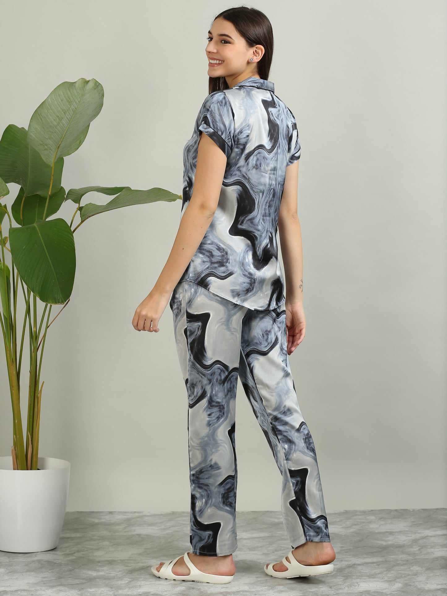 Printed Ash Grey Satin PJ Set for Women