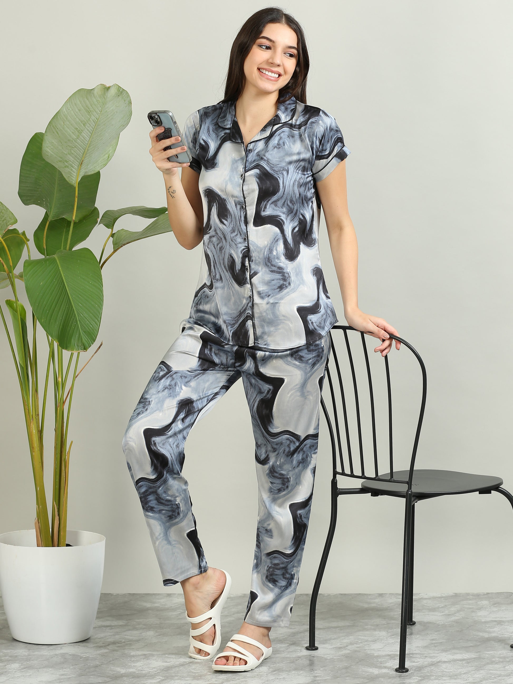 Printed Ash Grey Satin PJ Set for Women