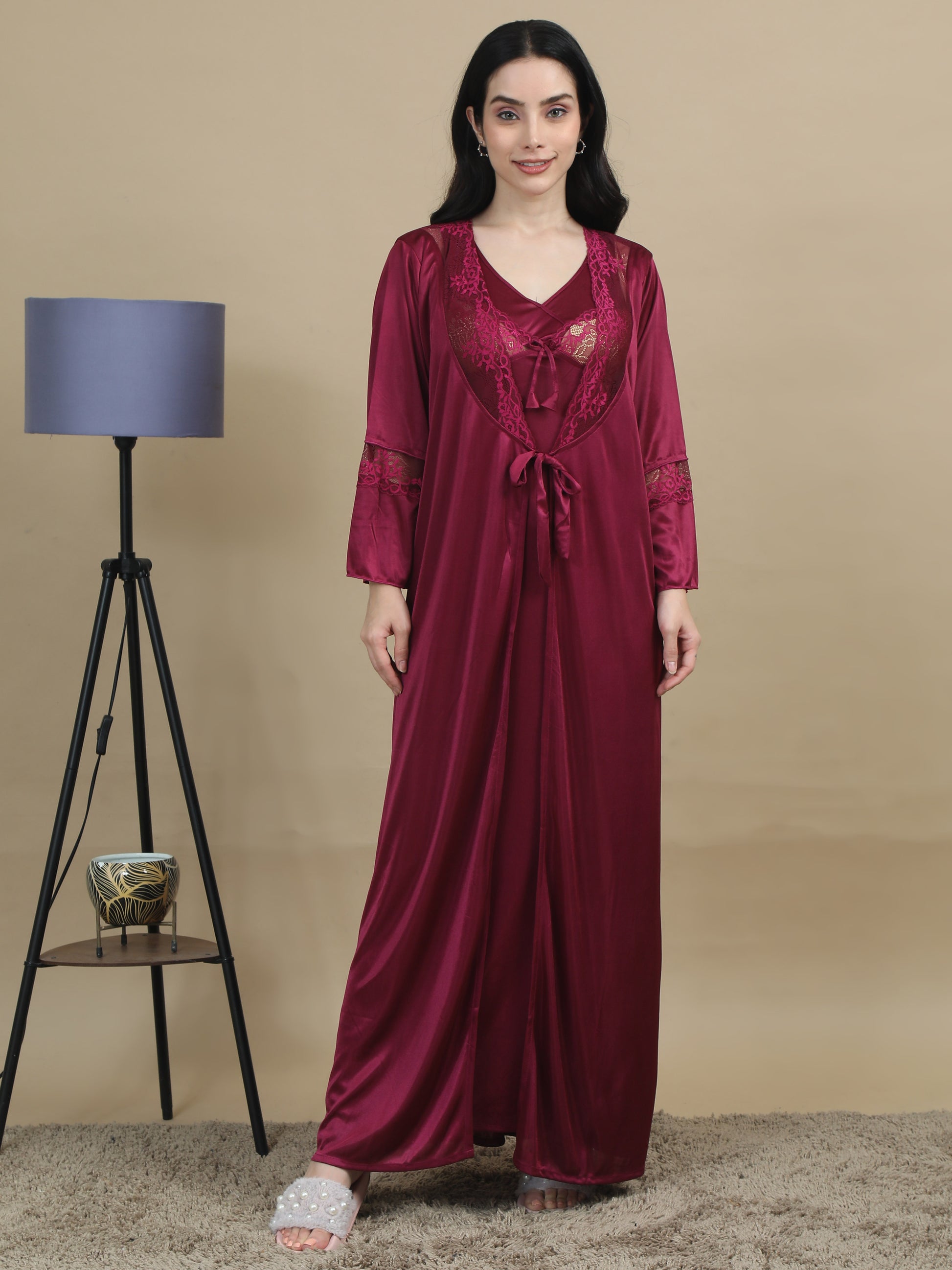 Satin Long Maroon Bridal Nighty for Women