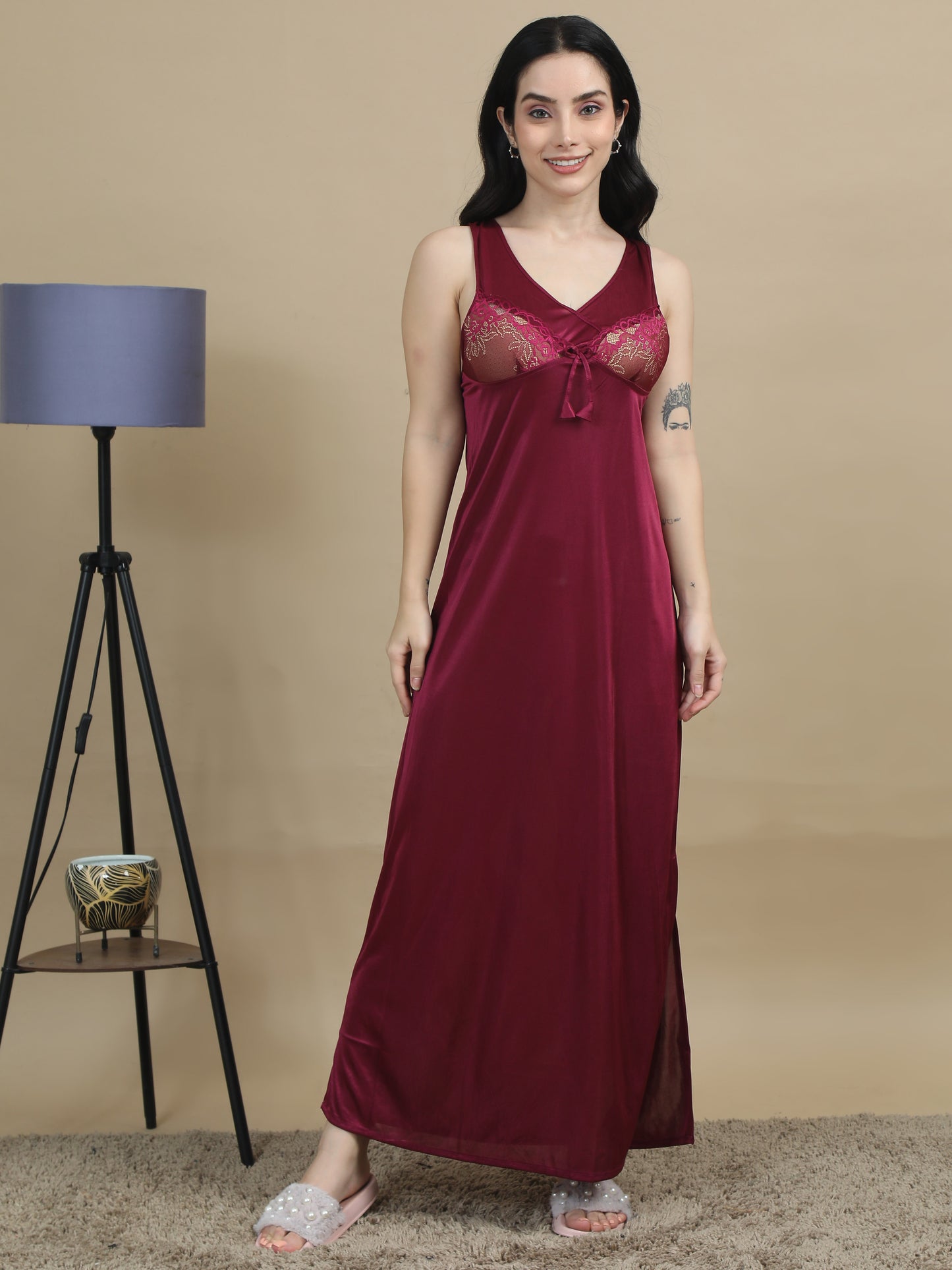 Satin Long Maroon Bridal Nighty for Women