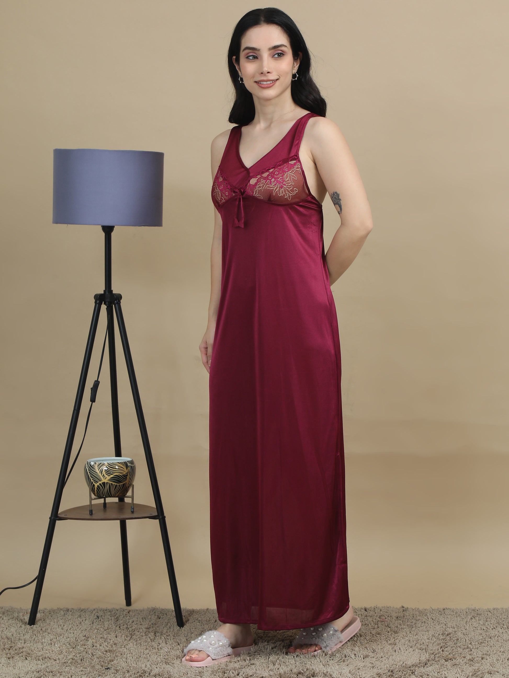 Satin Long Maroon Bridal Nighty for Women