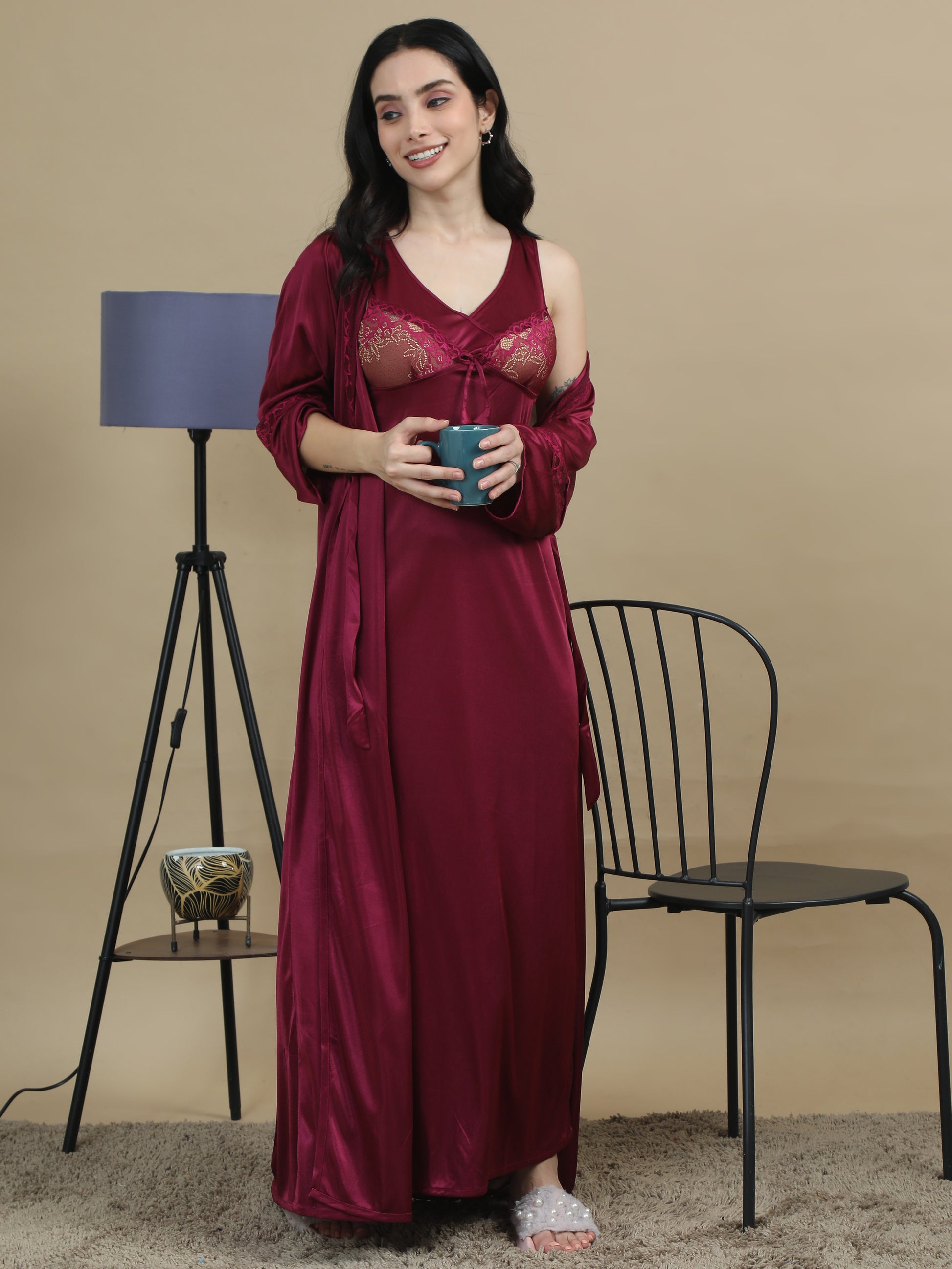 Satin Long Maroon Bridal Nighty for Women