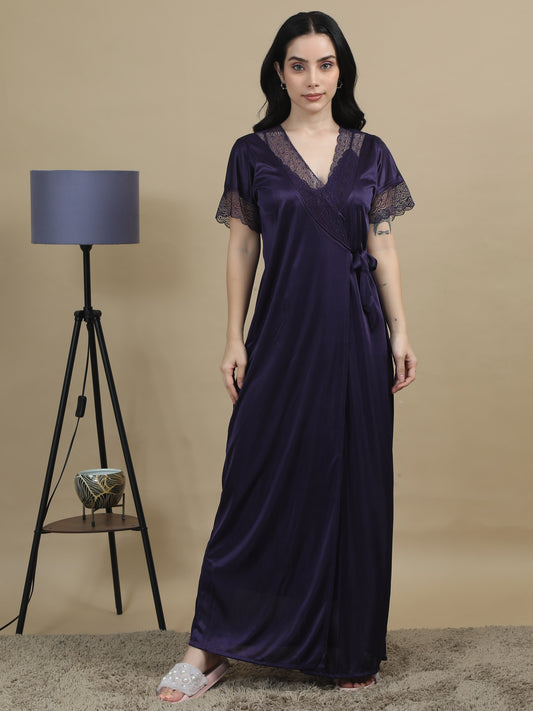 Satin Bridal Purple Long Nighty Women 