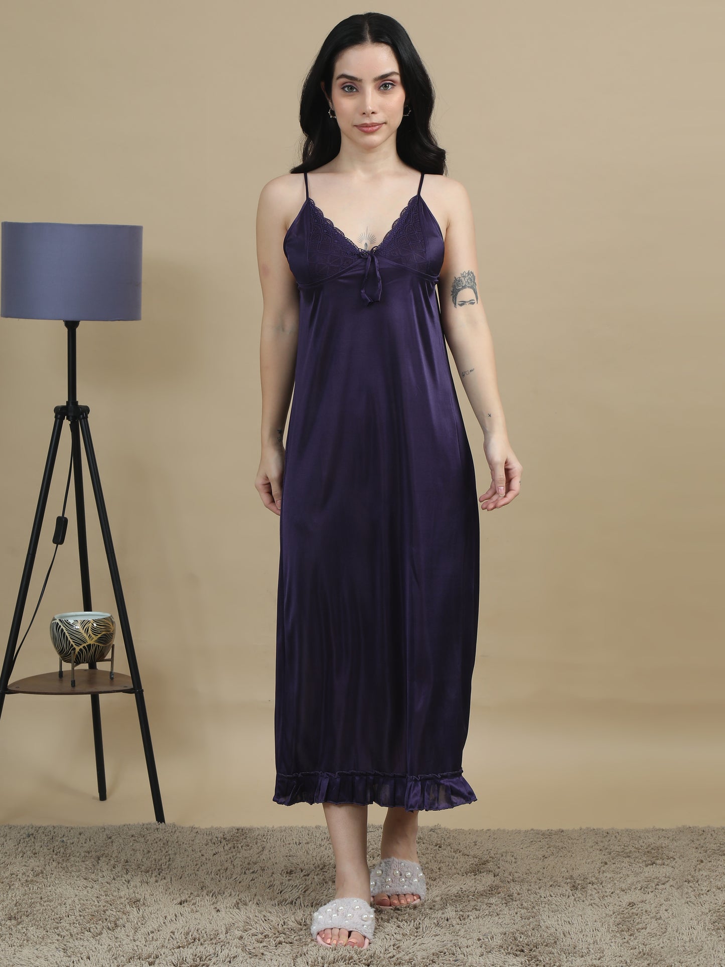 Satin Bridal Purple Long Nighty Women 