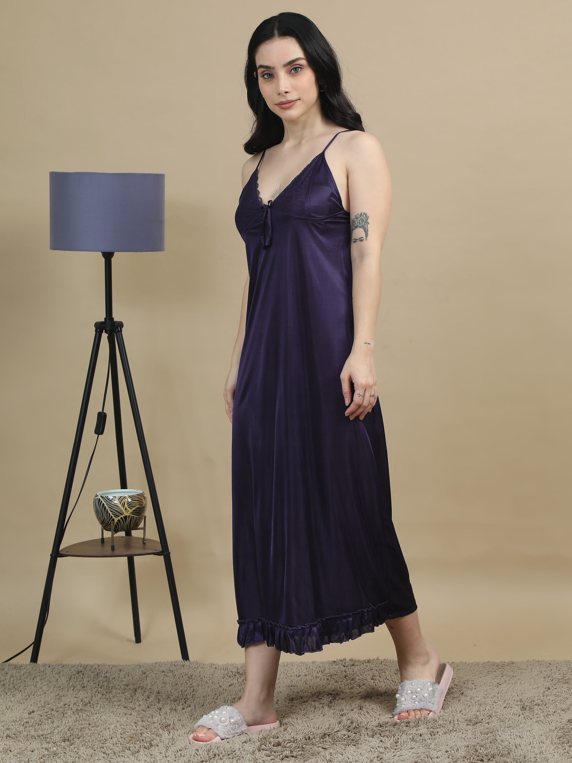 Satin Bridal Purple Long Nighty Women 