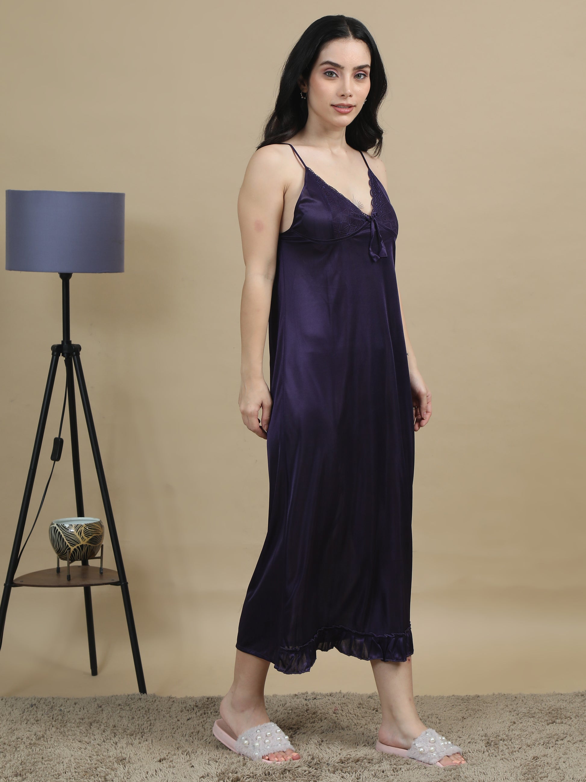 Satin Bridal Purple Long Nighty Women 