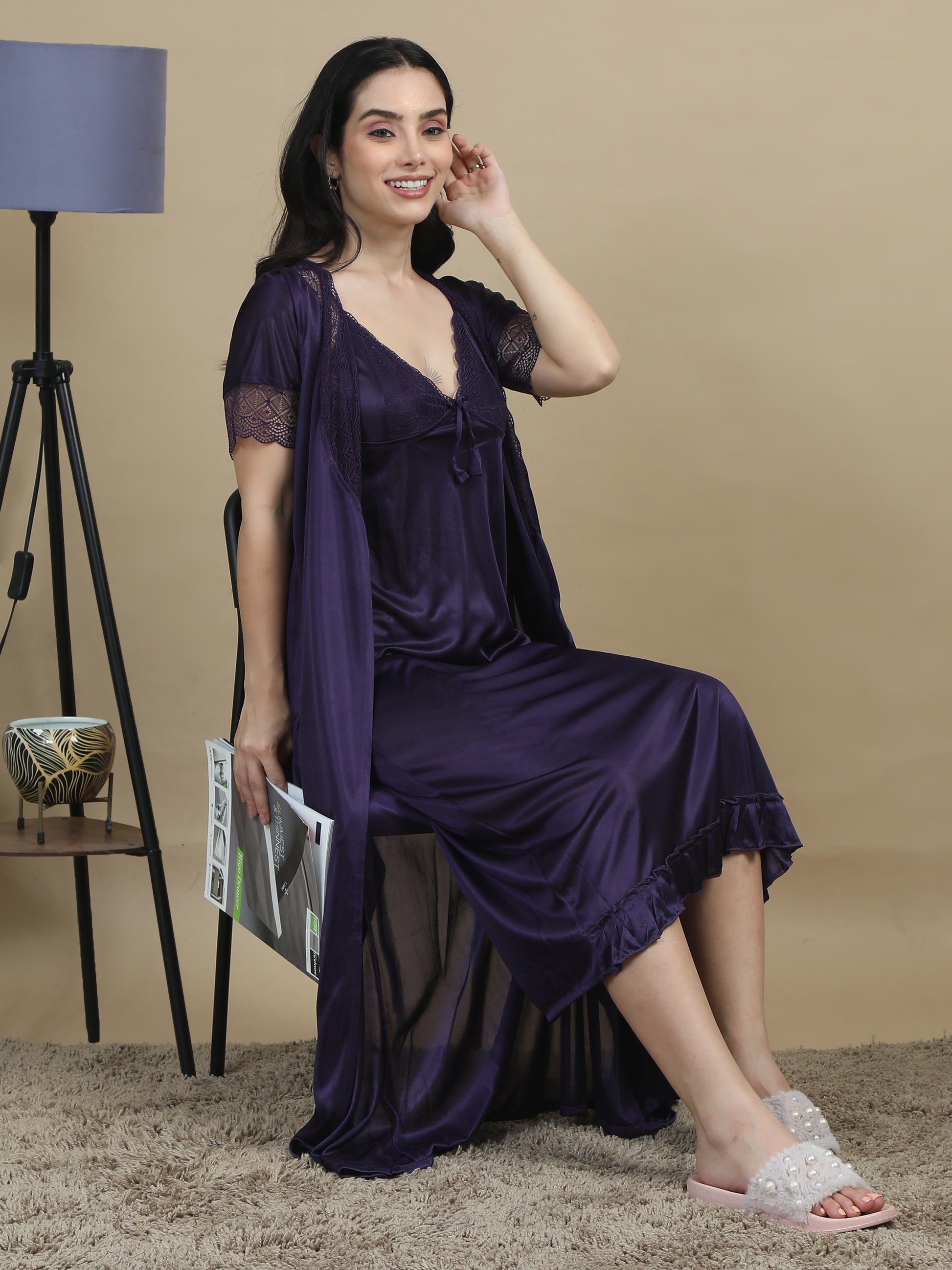 Satin Bridal Purple Long Nighty Women 