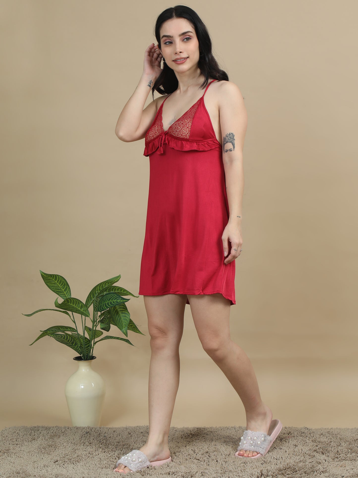  Satin Bridal Short Dark Red Nighty Short Women